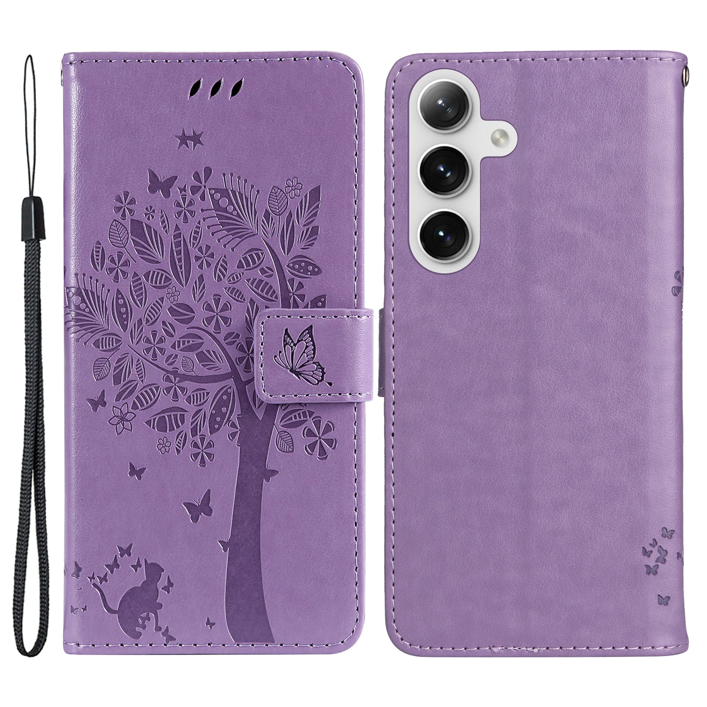 KT Imprinting Flower Series-3 for Samsung Galaxy S24+ Case Imprinted Cat Tree Wallet Phone Cover - Light Purple