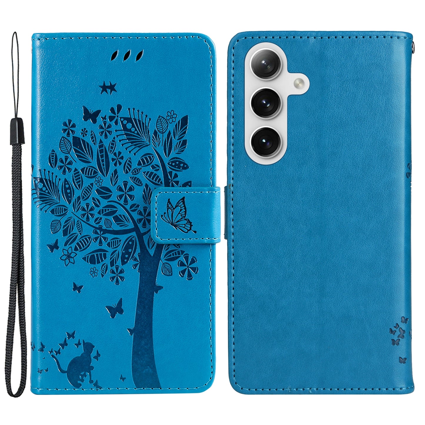 KT Imprinting Flower Series-3 for Samsung Galaxy S24+ Case Imprinted Cat Tree Wallet Phone Cover - Blue