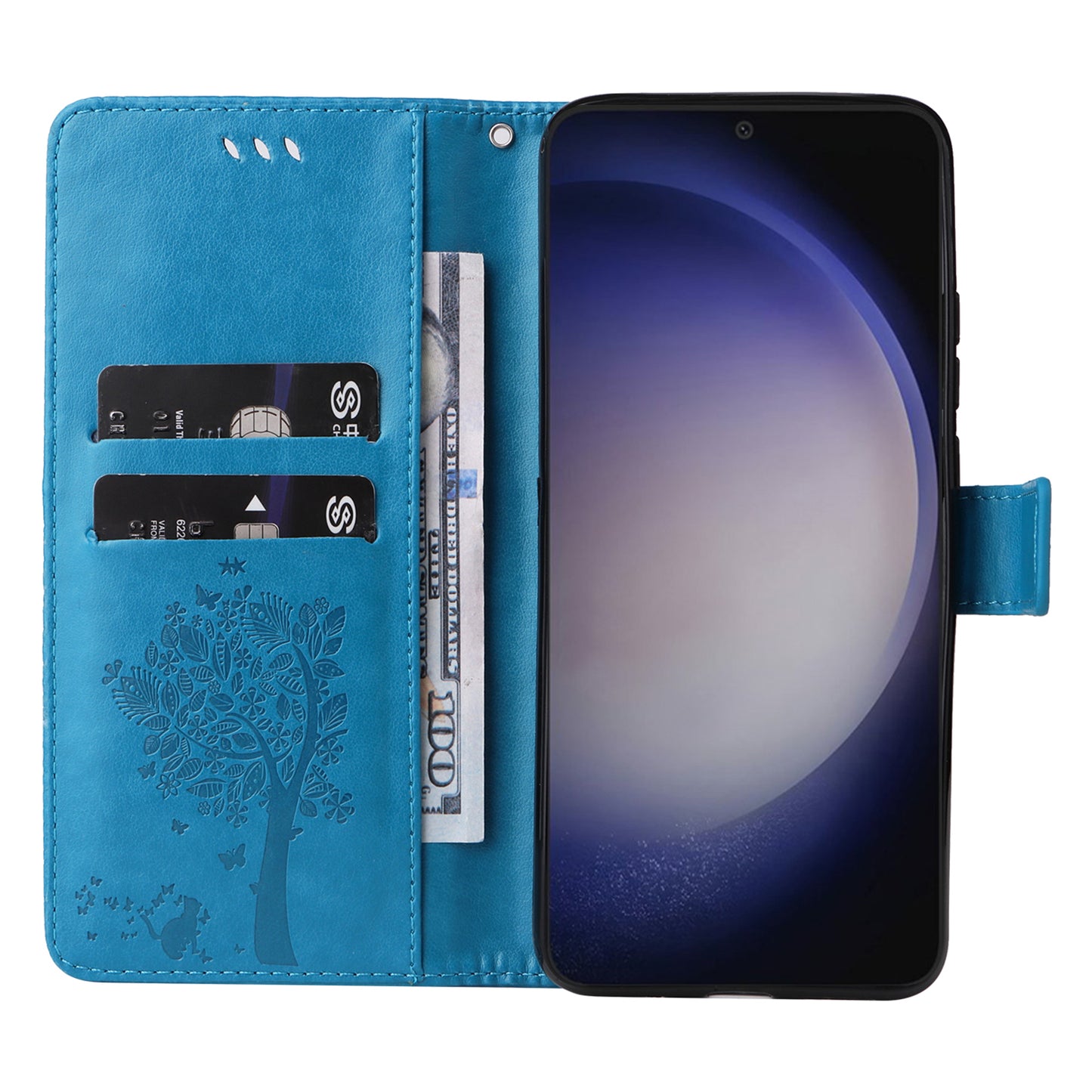 KT Imprinting Flower Series-3 for Samsung Galaxy S24+ Case Imprinted Cat Tree Wallet Phone Cover - Blue