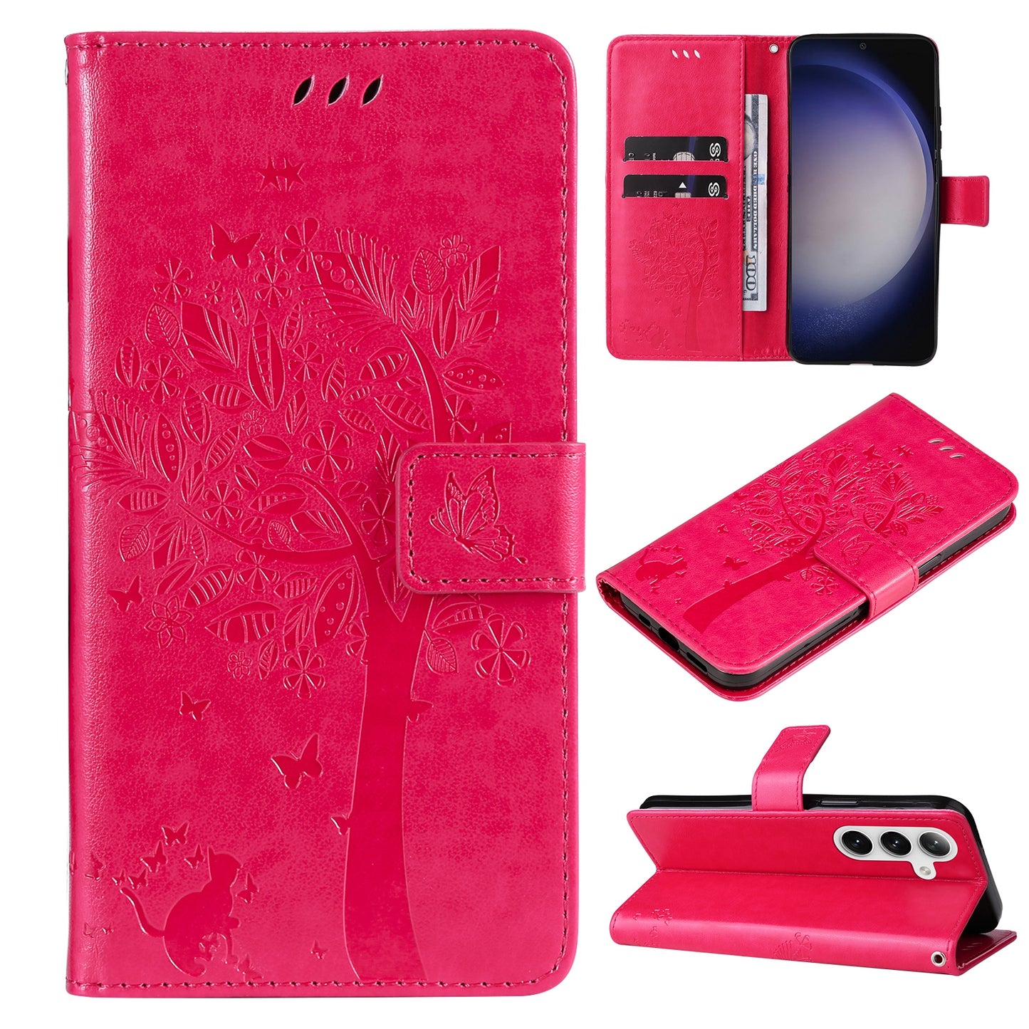 KT Imprinting Flower Series-3 for Samsung Galaxy S24+ Case Imprinted Cat Tree Wallet Phone Cover - Rose