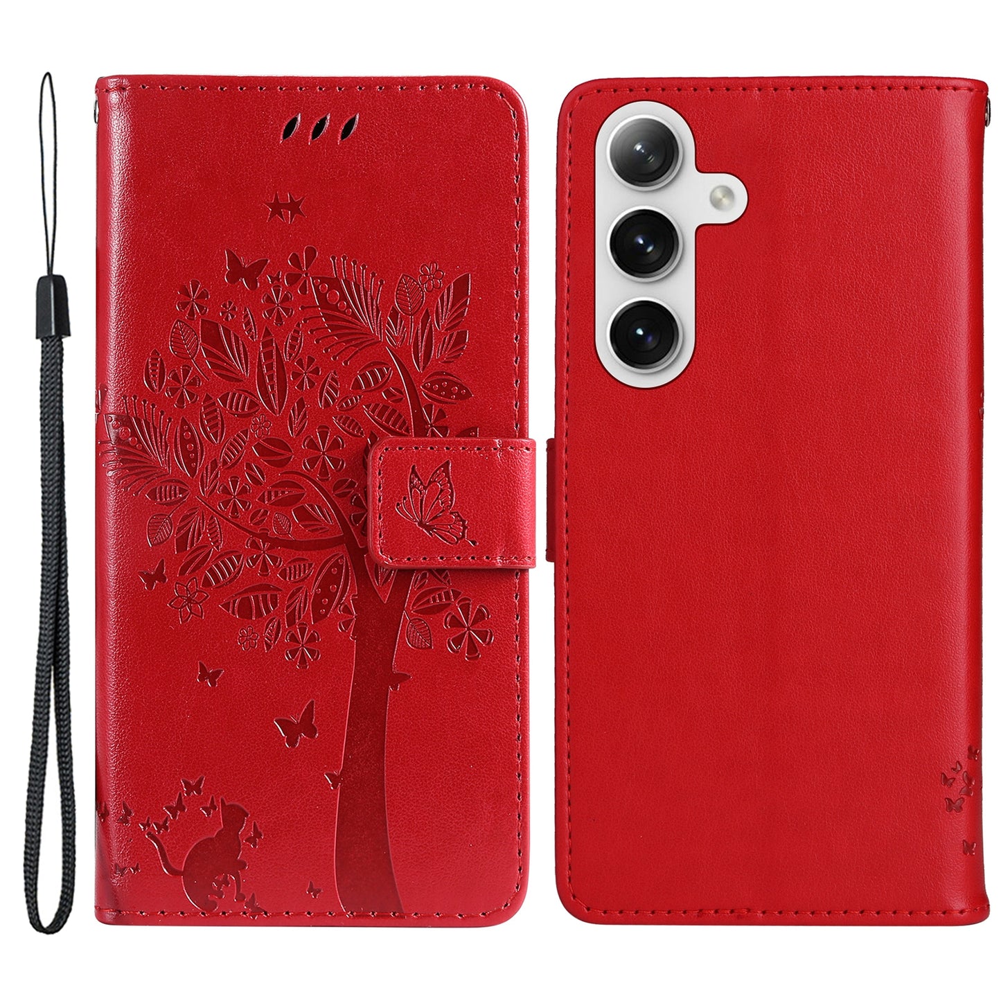 KT Imprinting Flower Series-3 for Samsung Galaxy S24+ Case Imprinted Cat Tree Wallet Phone Cover - Red