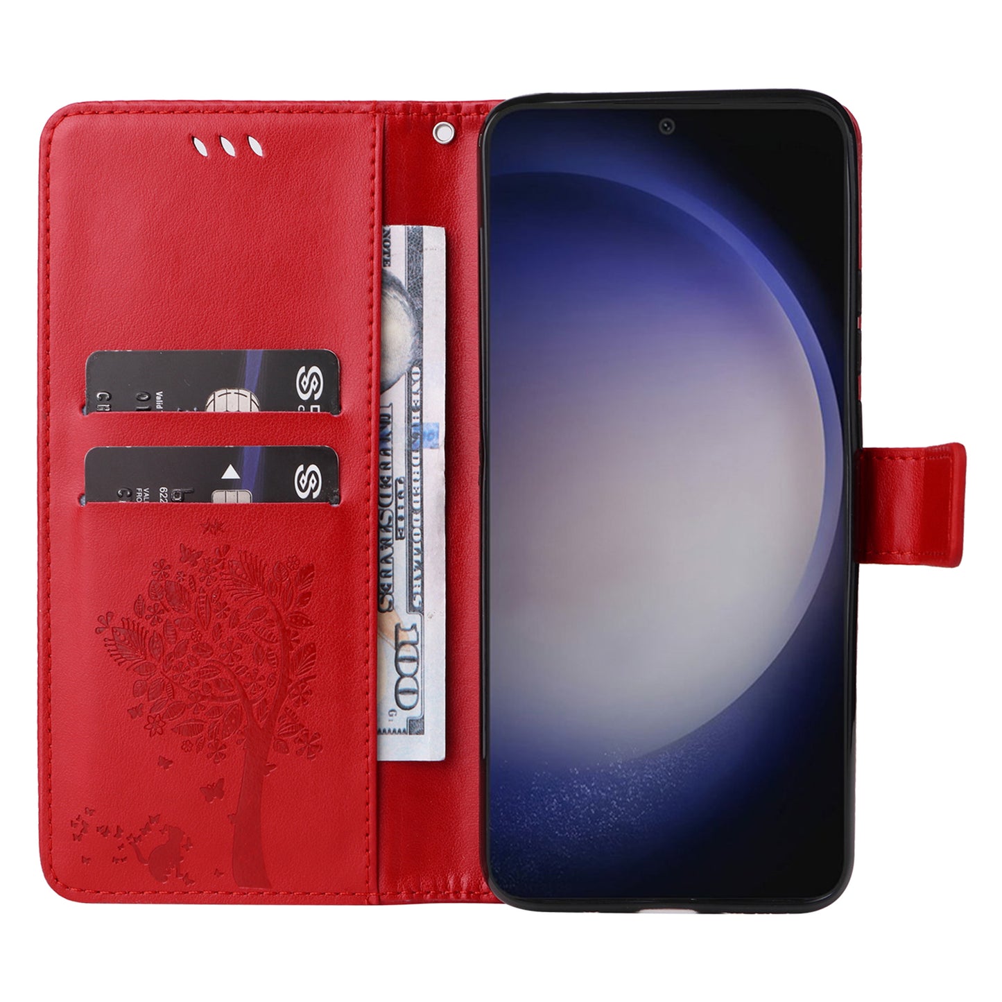 KT Imprinting Flower Series-3 for Samsung Galaxy S24+ Case Imprinted Cat Tree Wallet Phone Cover - Red