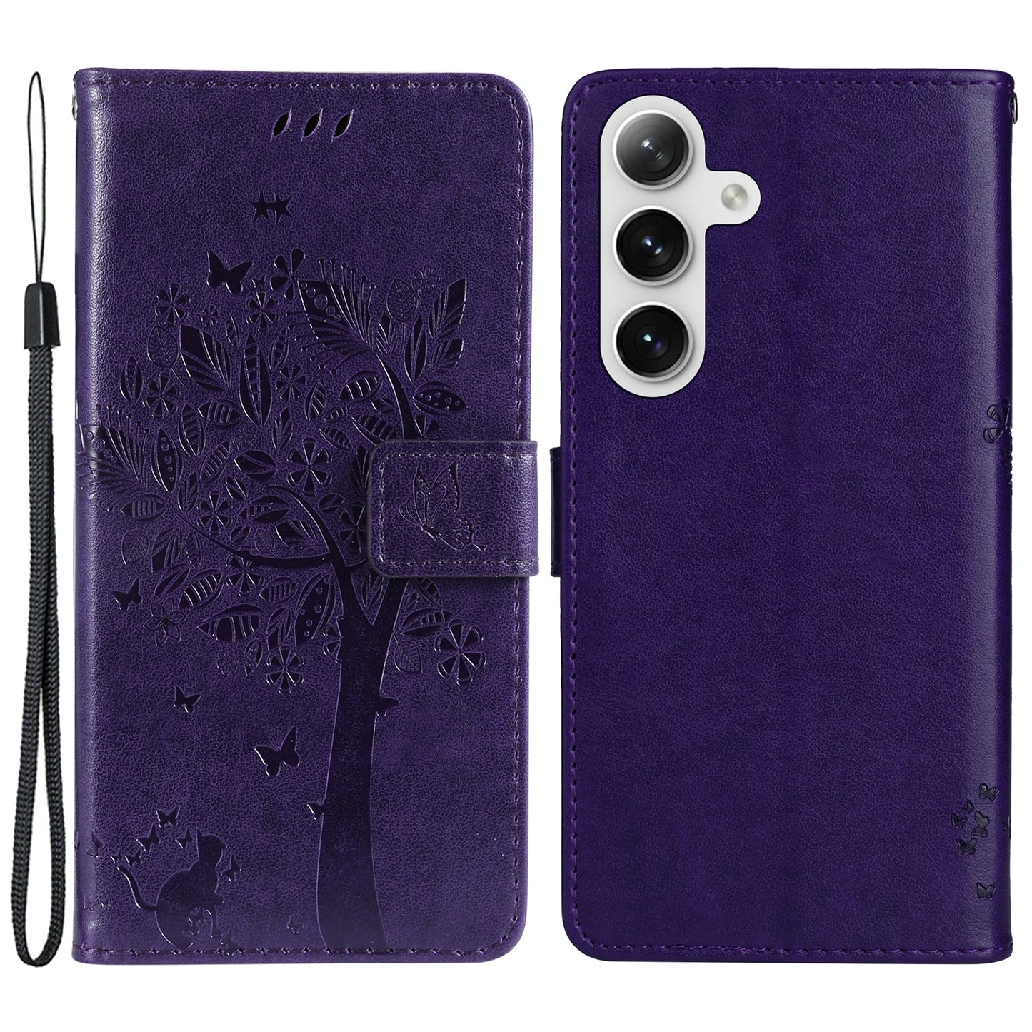 KT Imprinting Flower Series-3 for Samsung Galaxy S24+ Case Imprinted Cat Tree Wallet Phone Cover - Purple