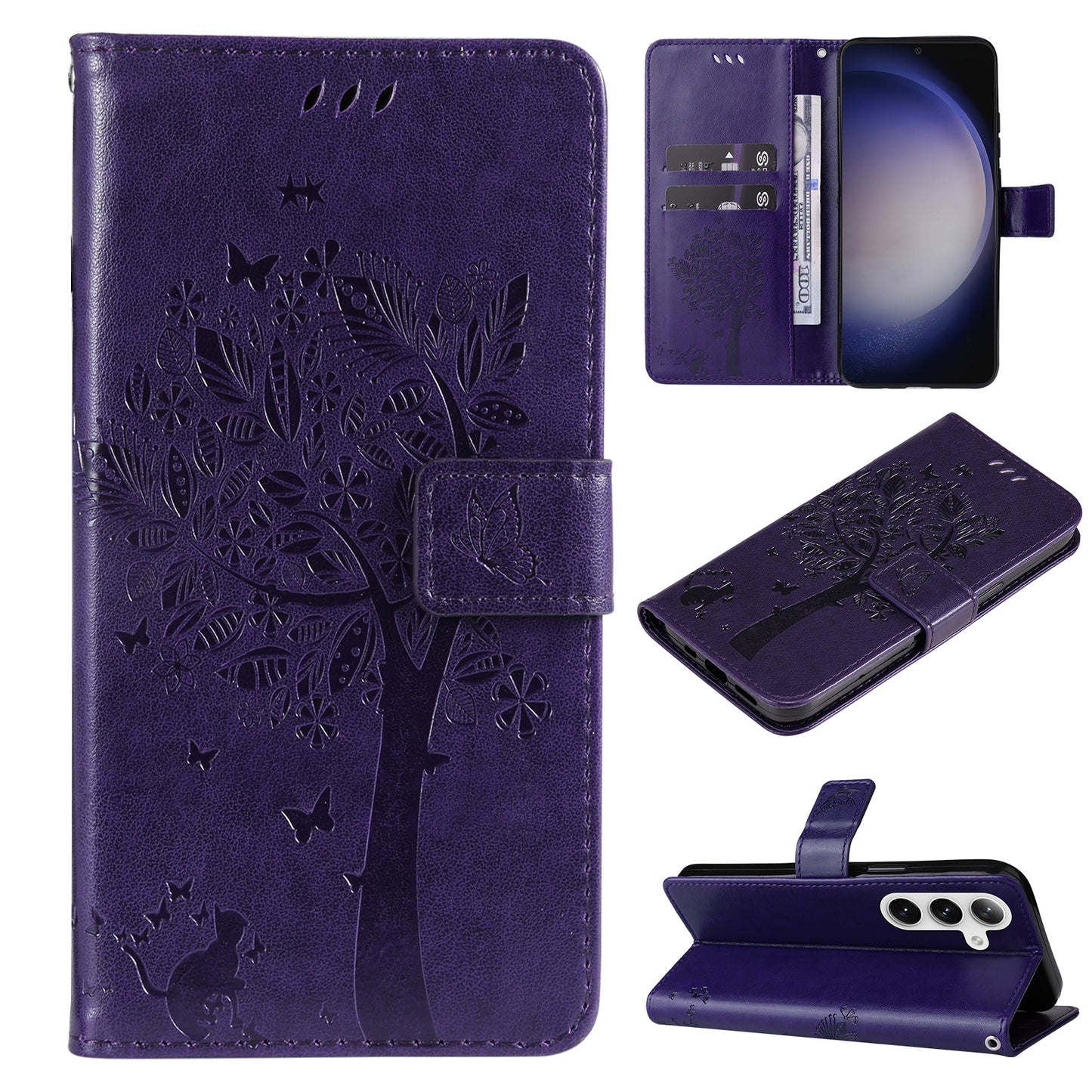 KT Imprinting Flower Series-3 for Samsung Galaxy S24+ Case Imprinted Cat Tree Wallet Phone Cover - Purple
