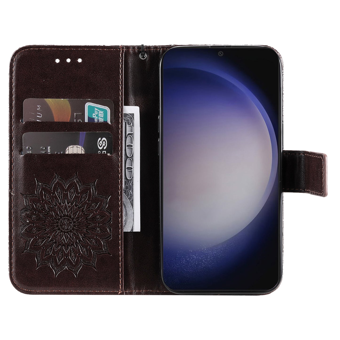 KT Imprinting Flower Series-1 For Samsung Galaxy S24 Case Leather Wallet Folio Phone Cover - Brown