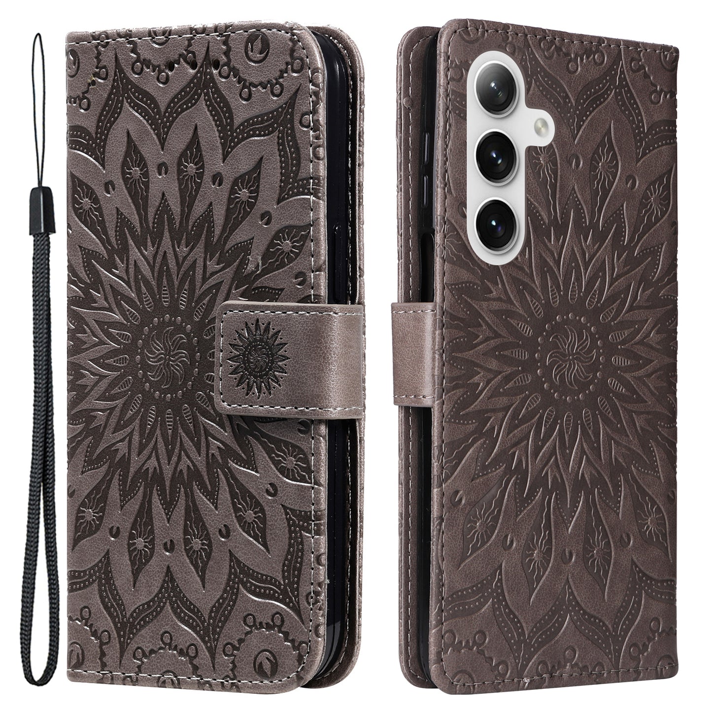 KT Imprinting Flower Series-1 For Samsung Galaxy S24 Case Leather Wallet Folio Phone Cover - Grey