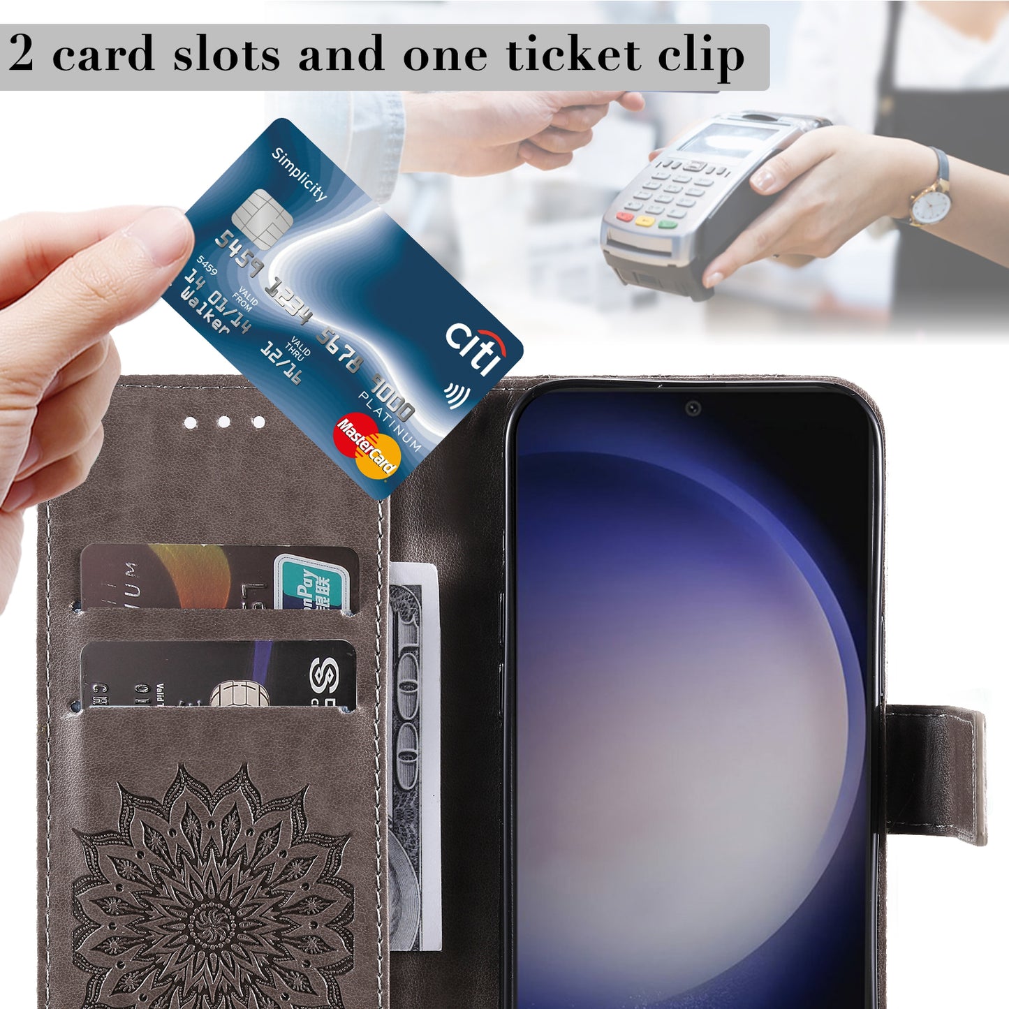 KT Imprinting Flower Series-1 For Samsung Galaxy S24 Case Leather Wallet Folio Phone Cover - Grey