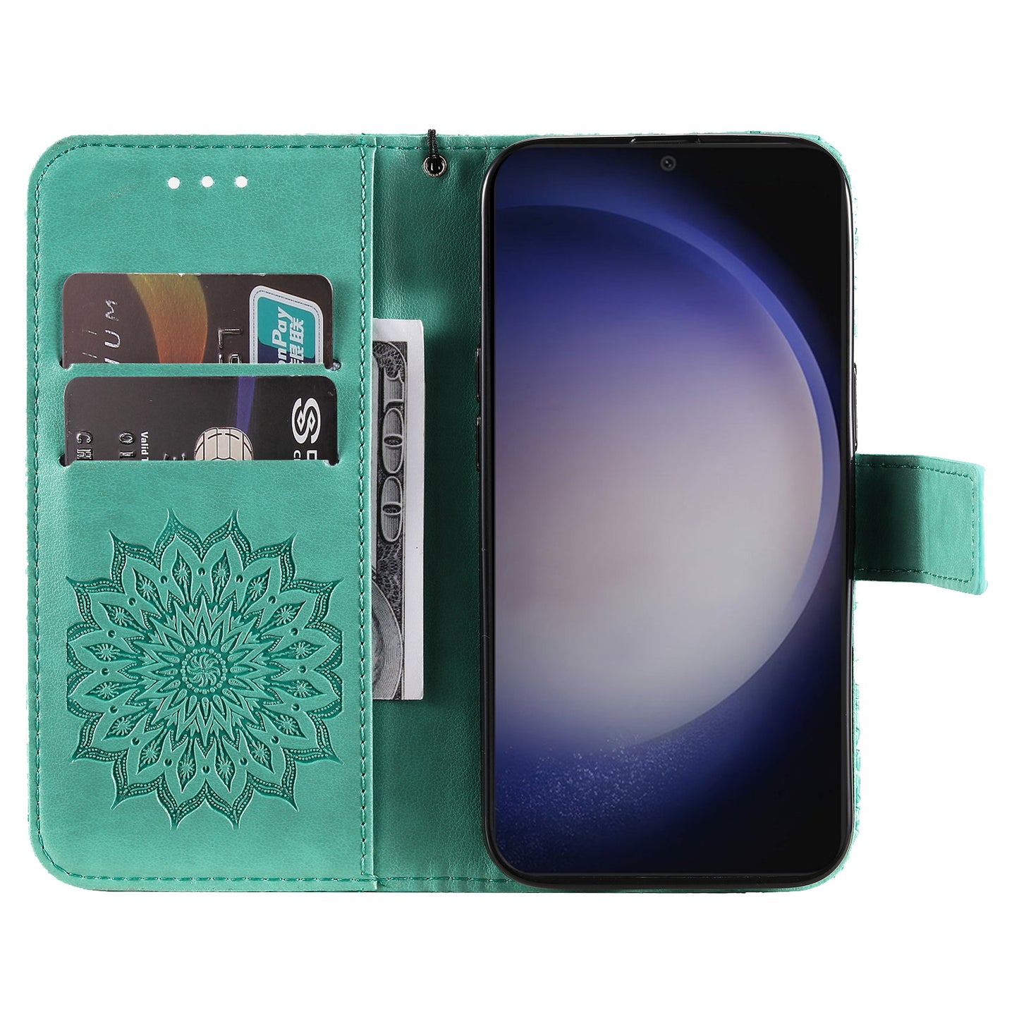 KT Imprinting Flower Series-1 For Samsung Galaxy S24 Case Leather Wallet Folio Phone Cover - Green
