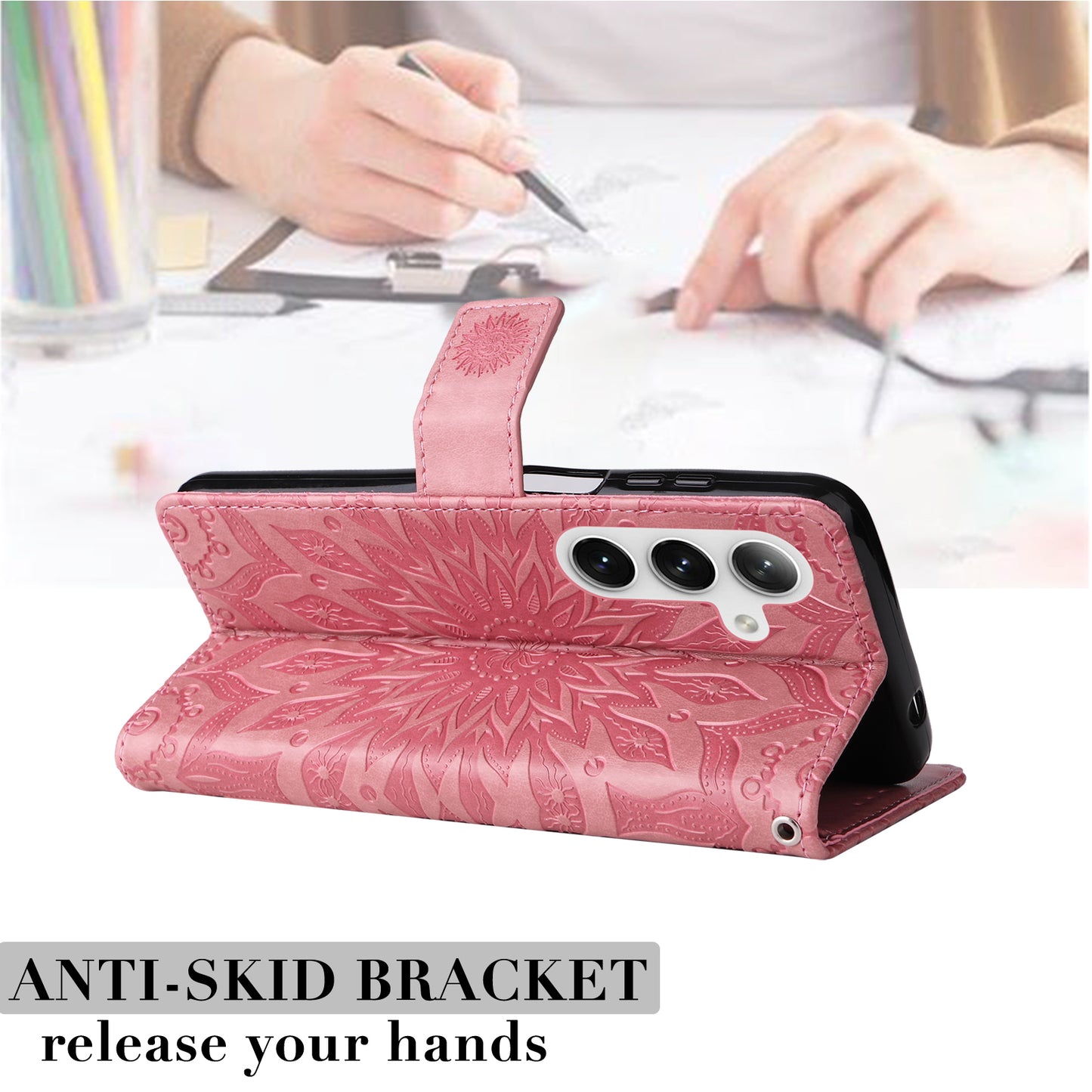 KT Imprinting Flower Series-1 For Samsung Galaxy S24 Case Leather Wallet Folio Phone Cover - Pink