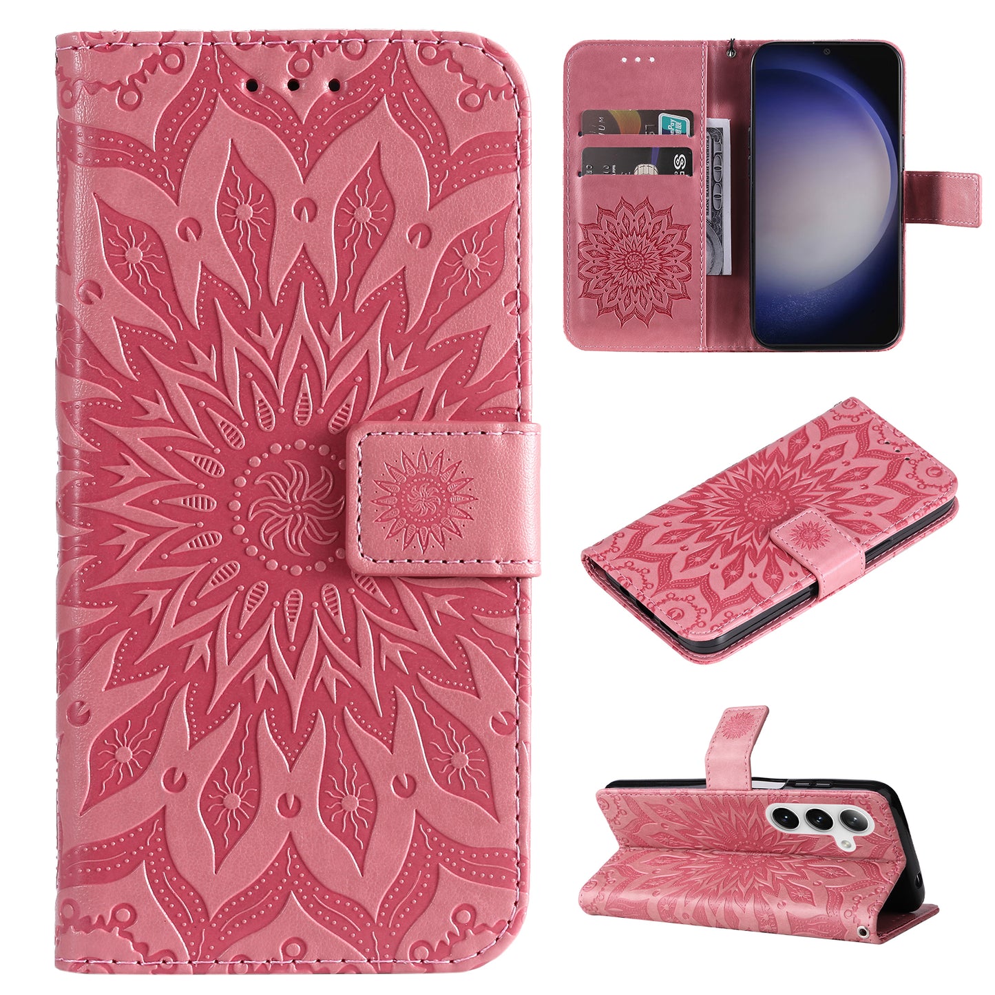 KT Imprinting Flower Series-1 For Samsung Galaxy S24 Case Leather Wallet Folio Phone Cover - Pink