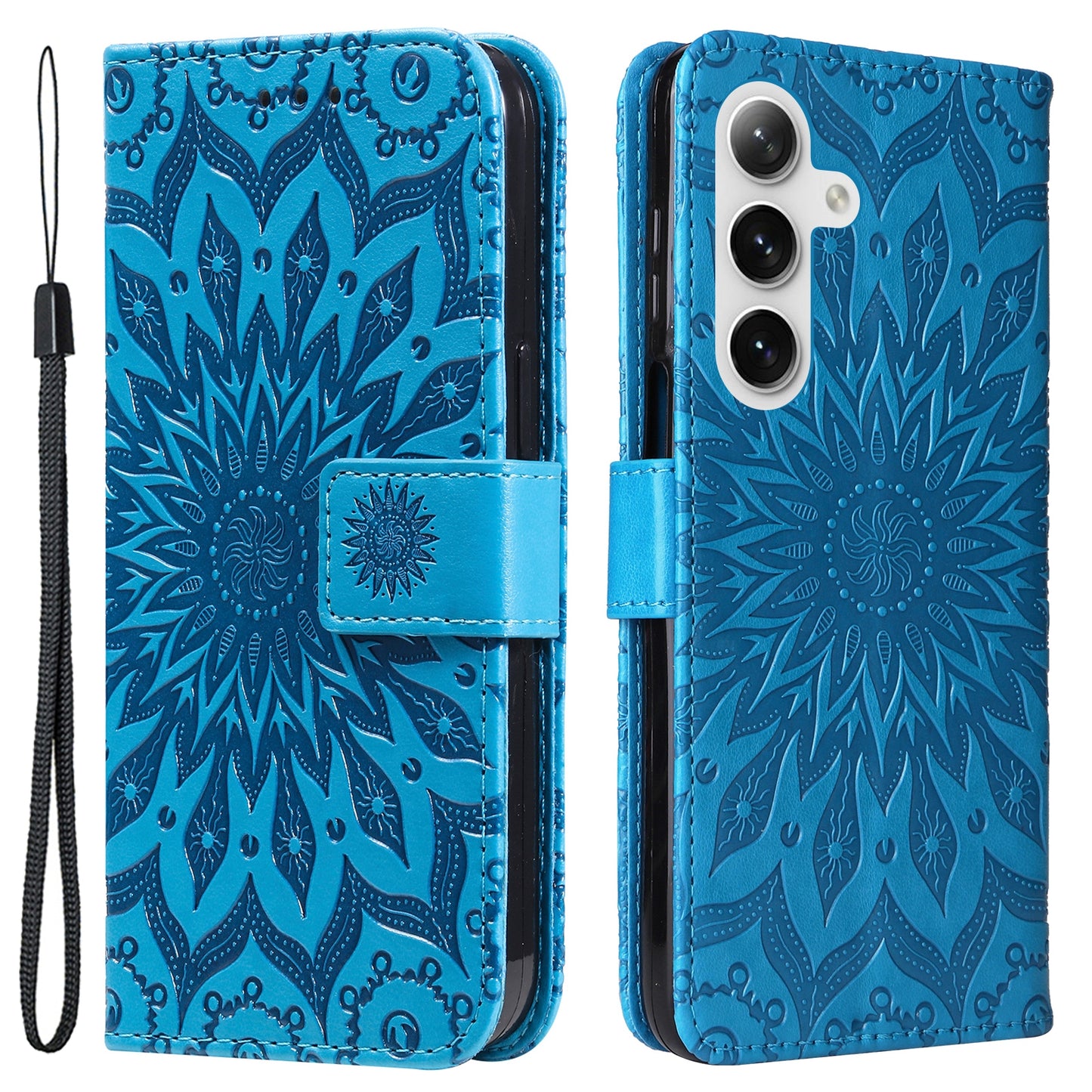 KT Imprinting Flower Series-1 For Samsung Galaxy S24 Case Leather Wallet Folio Phone Cover - Blue