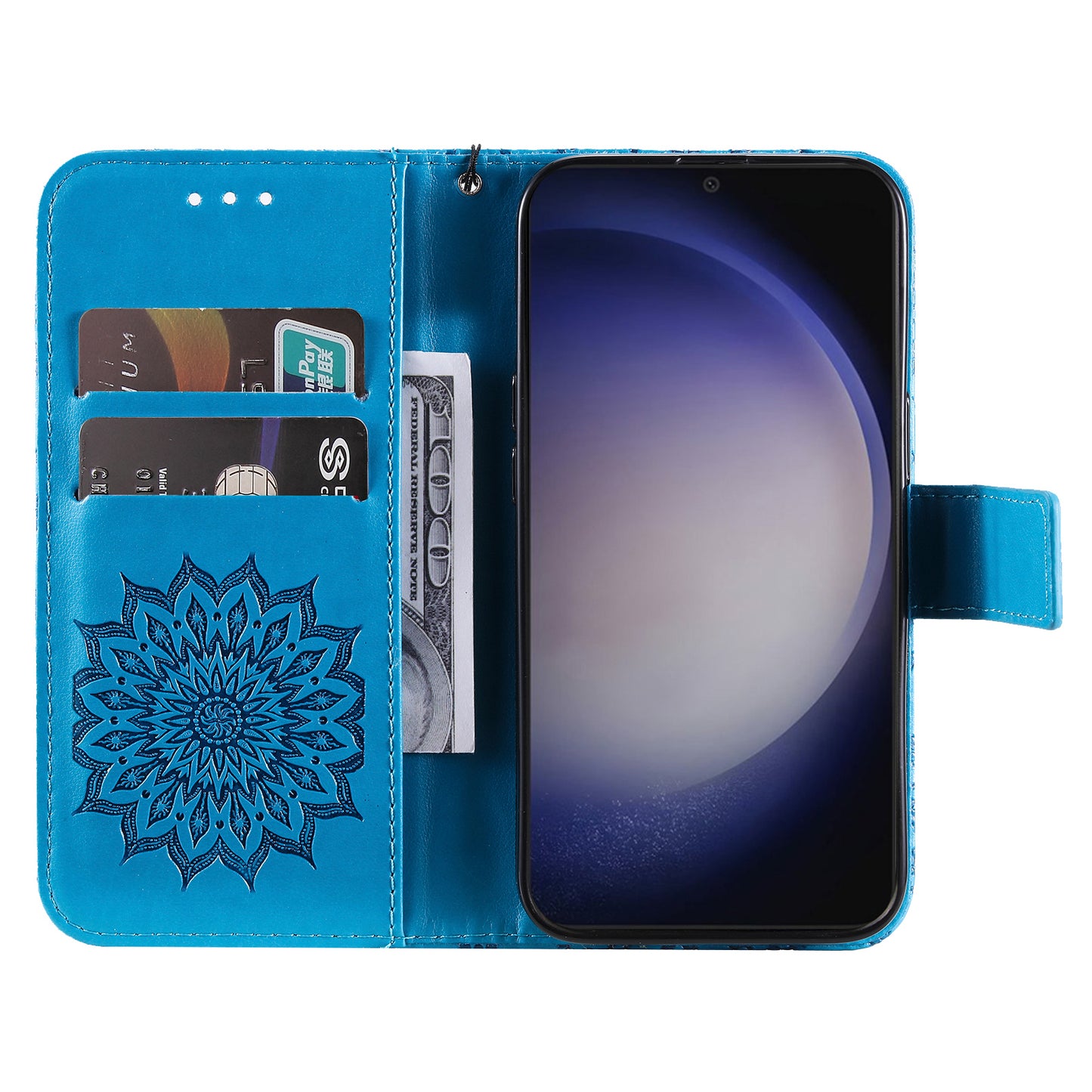 KT Imprinting Flower Series-1 For Samsung Galaxy S24 Case Leather Wallet Folio Phone Cover - Blue