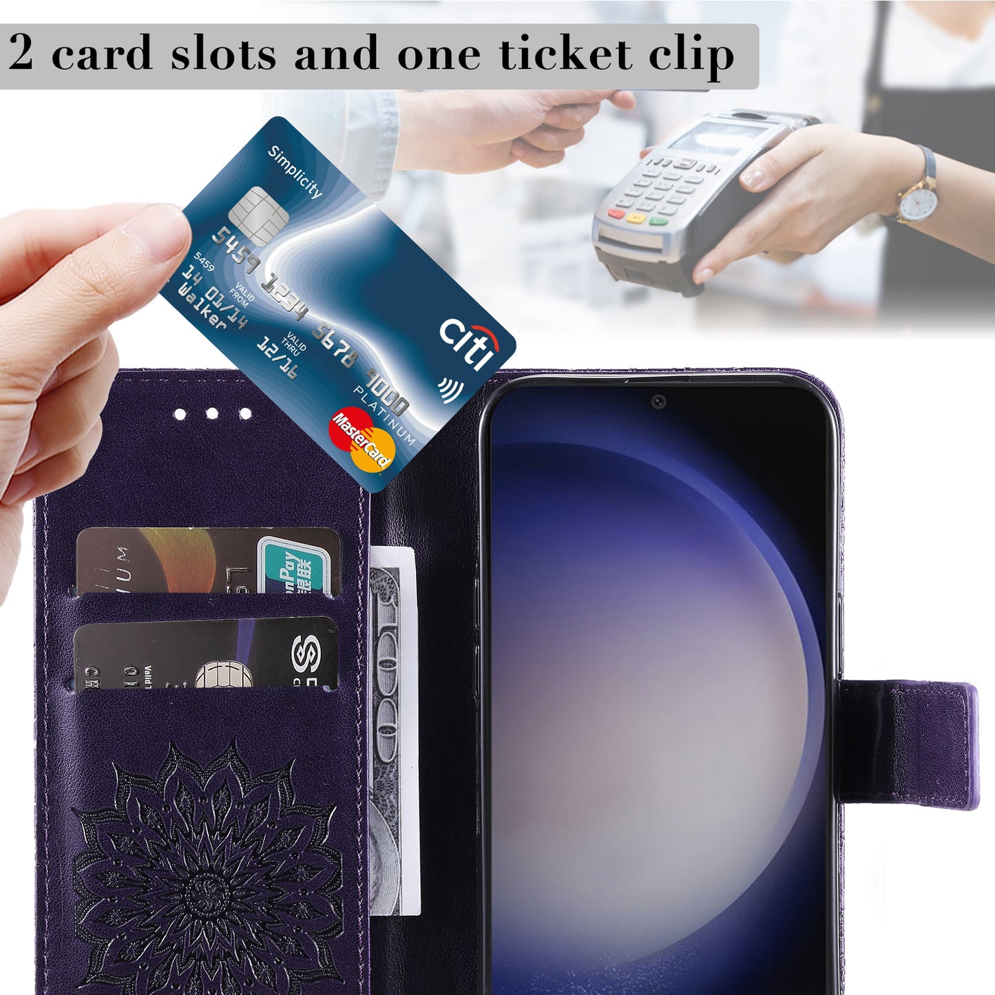 KT Imprinting Flower Series-1 For Samsung Galaxy S24 Case Leather Wallet Folio Phone Cover - Purple