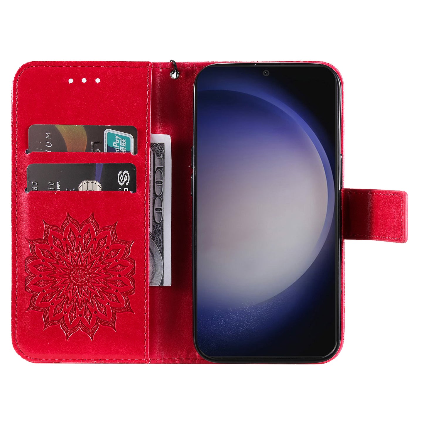 KT Imprinting Flower Series-1 For Samsung Galaxy S24 Case Leather Wallet Folio Phone Cover - Red