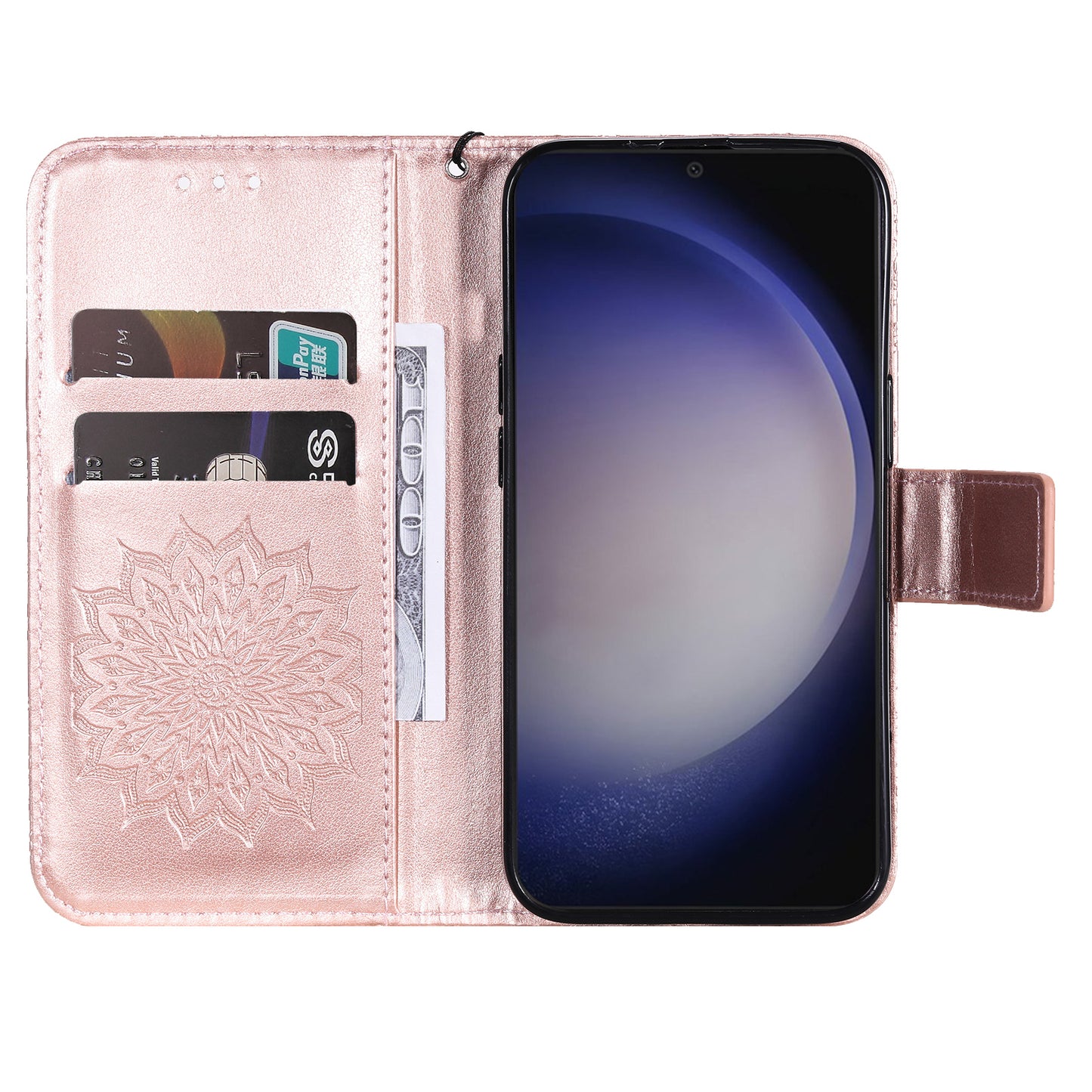 KT Imprinting Flower Series-1 For Samsung Galaxy S24 Case Leather Wallet Folio Phone Cover - Rose Gold