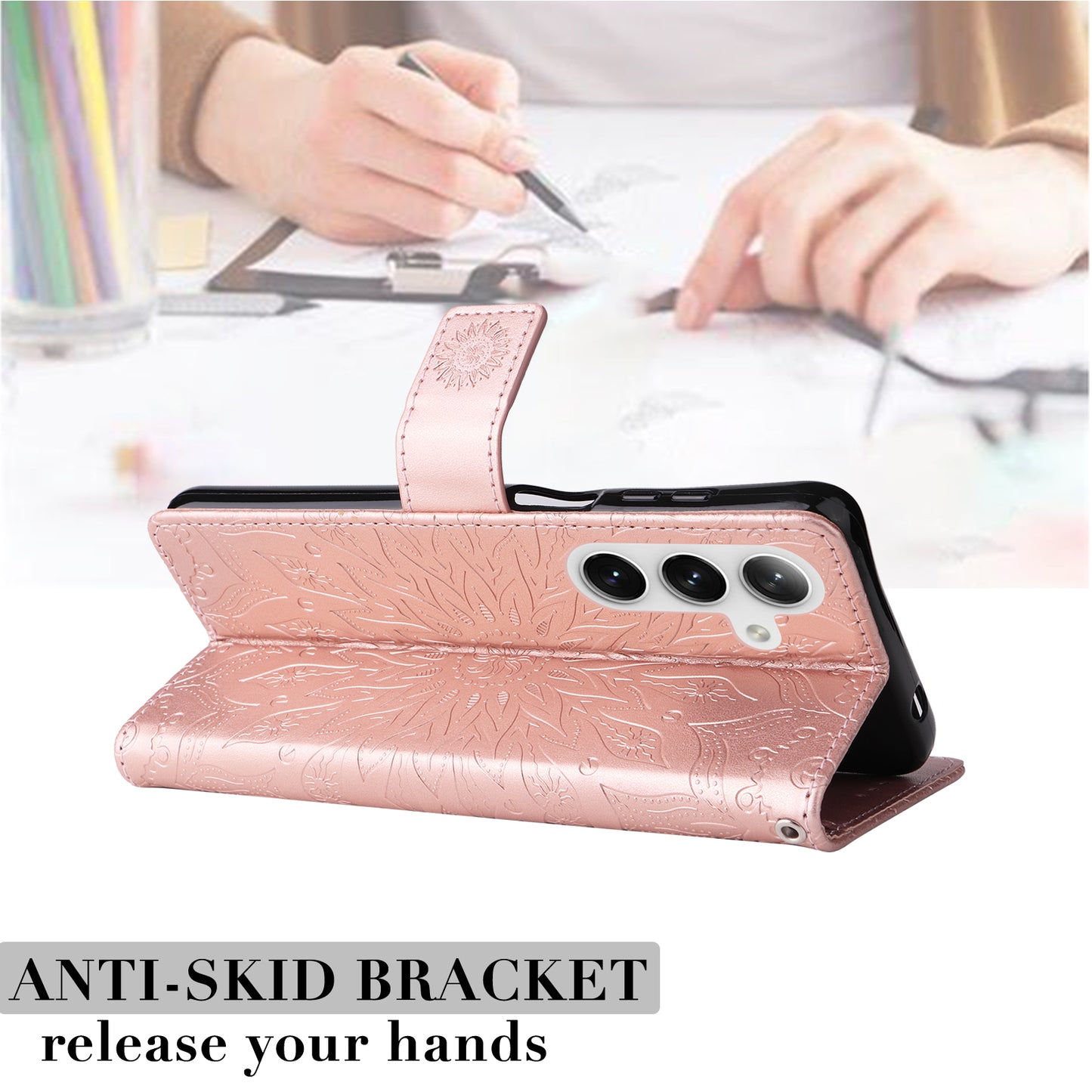 KT Imprinting Flower Series-1 For Samsung Galaxy S24 Case Leather Wallet Folio Phone Cover - Rose Gold