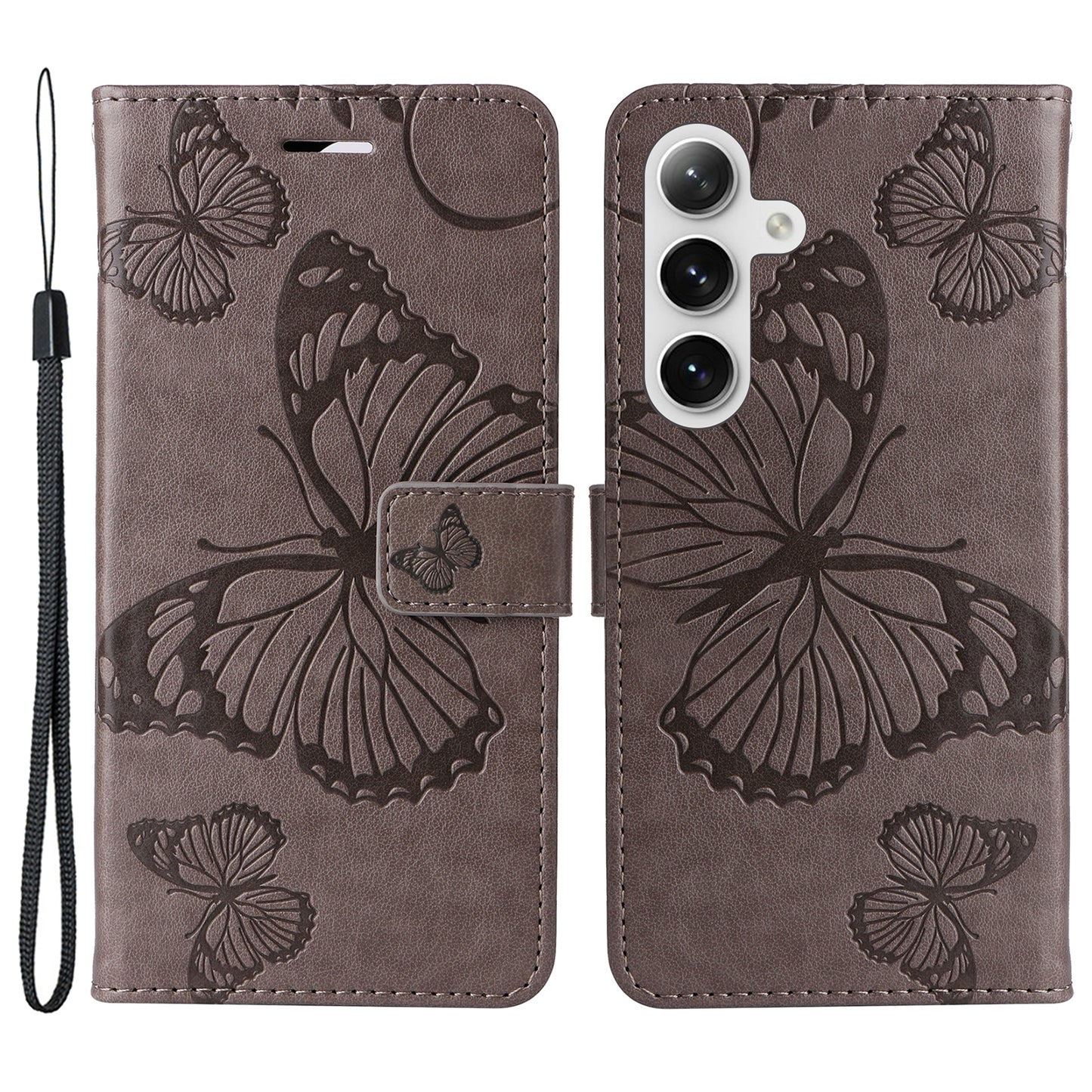 KT Imprinting Flower Series-2 For Samsung Galaxy S24 Case Leather Butterfly Flip Phone Cover - Grey