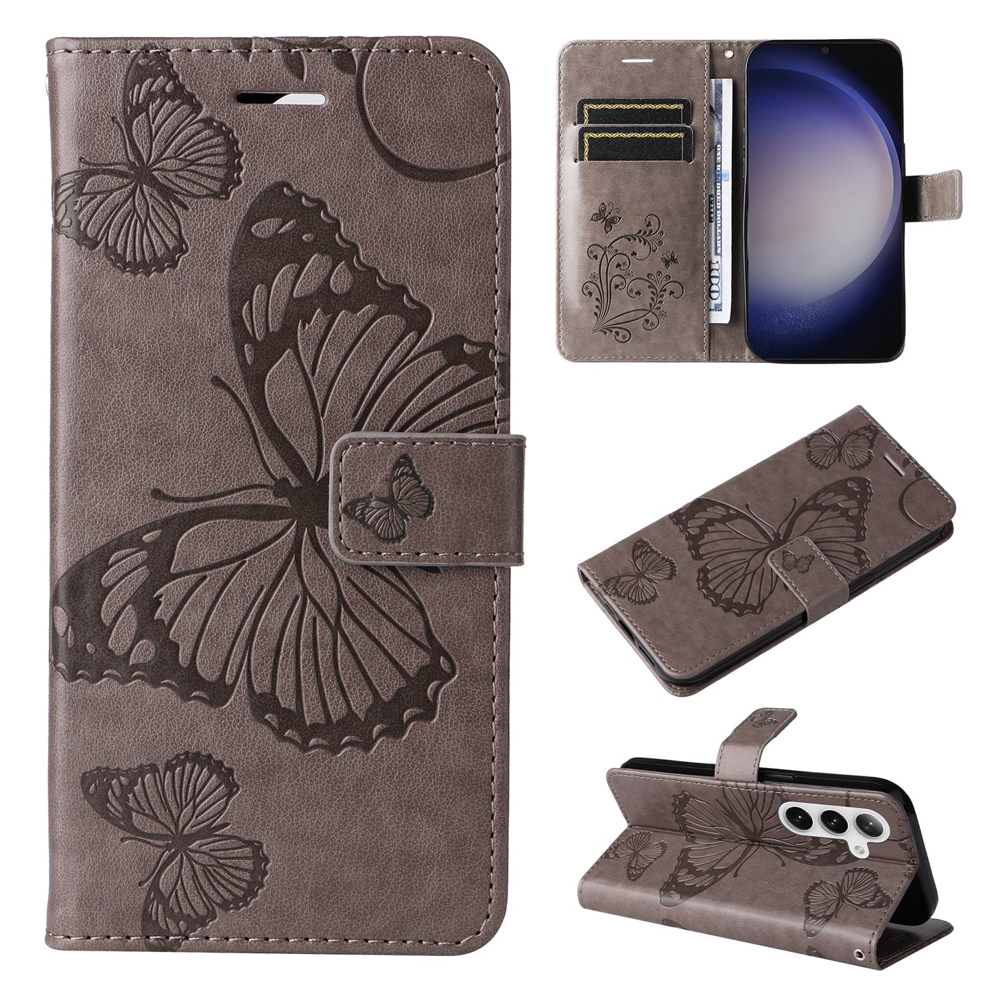 KT Imprinting Flower Series-2 For Samsung Galaxy S24 Case Leather Butterfly Flip Phone Cover - Grey
