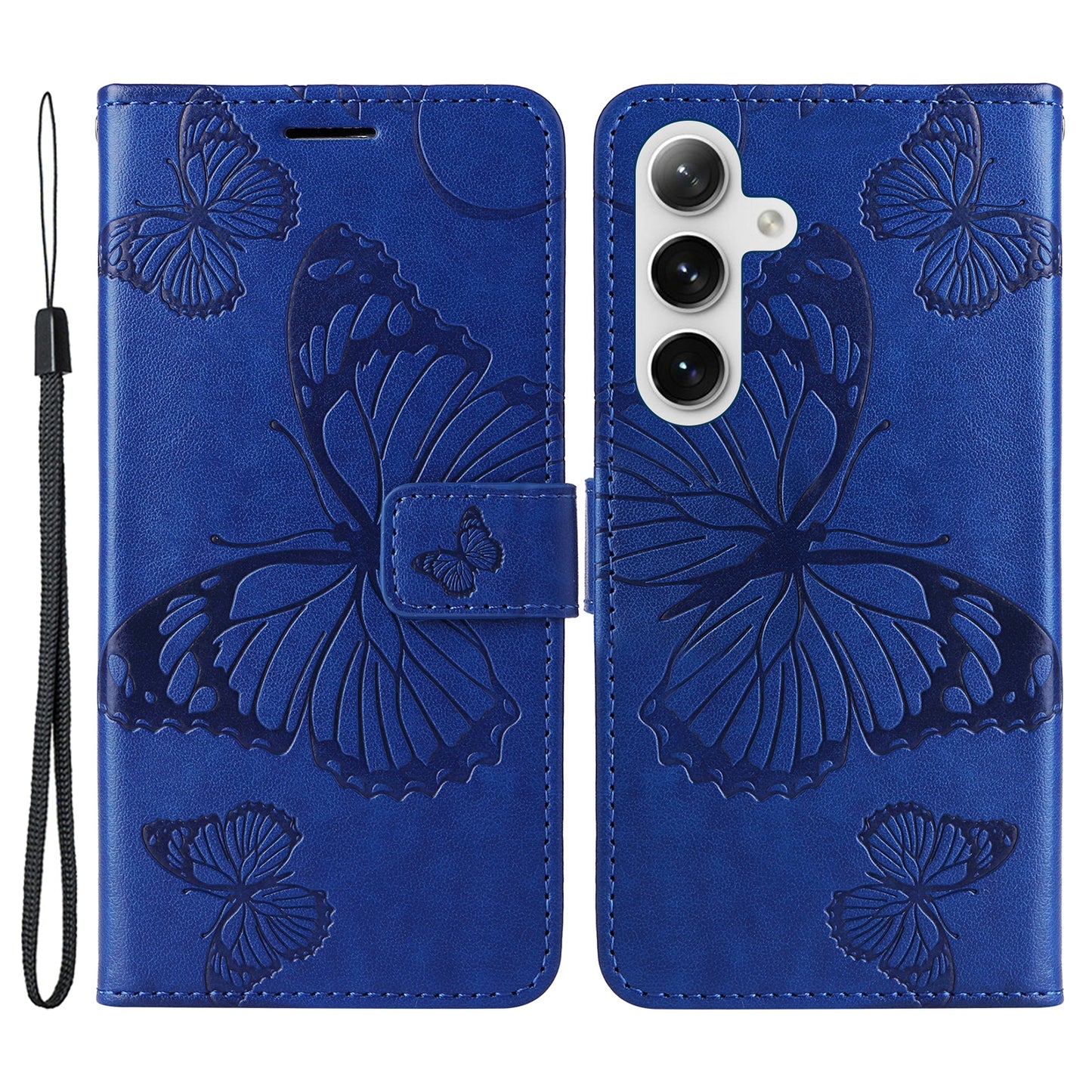 KT Imprinting Flower Series-2 For Samsung Galaxy S24 Case Leather Butterfly Flip Phone Cover - Blue