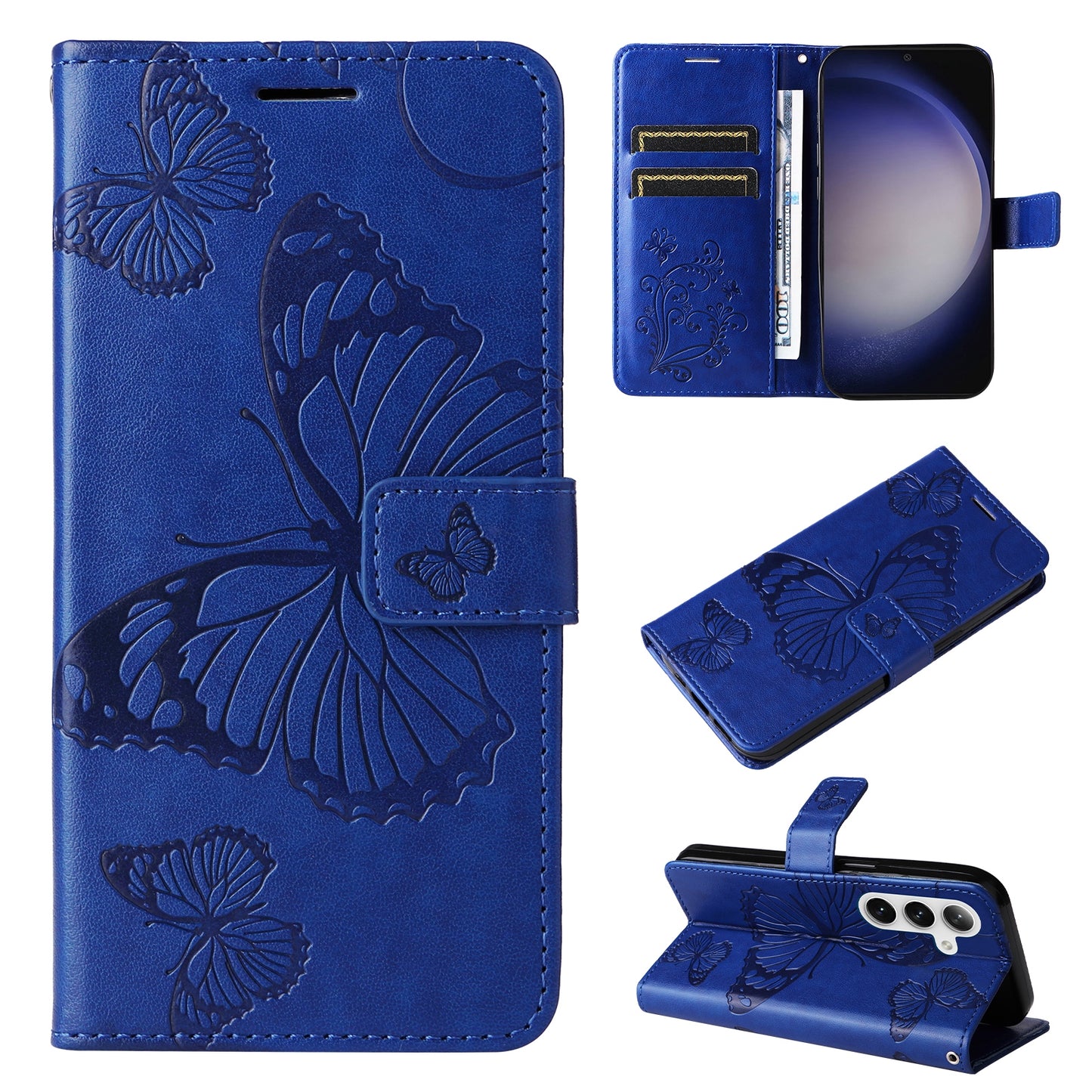 KT Imprinting Flower Series-2 For Samsung Galaxy S24 Case Leather Butterfly Flip Phone Cover - Blue