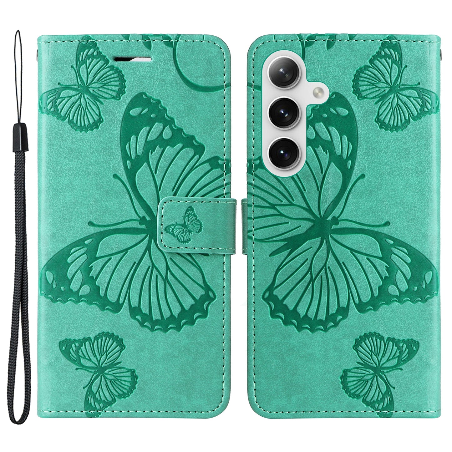 KT Imprinting Flower Series-2 For Samsung Galaxy S24 Case Leather Butterfly Flip Phone Cover - Green
