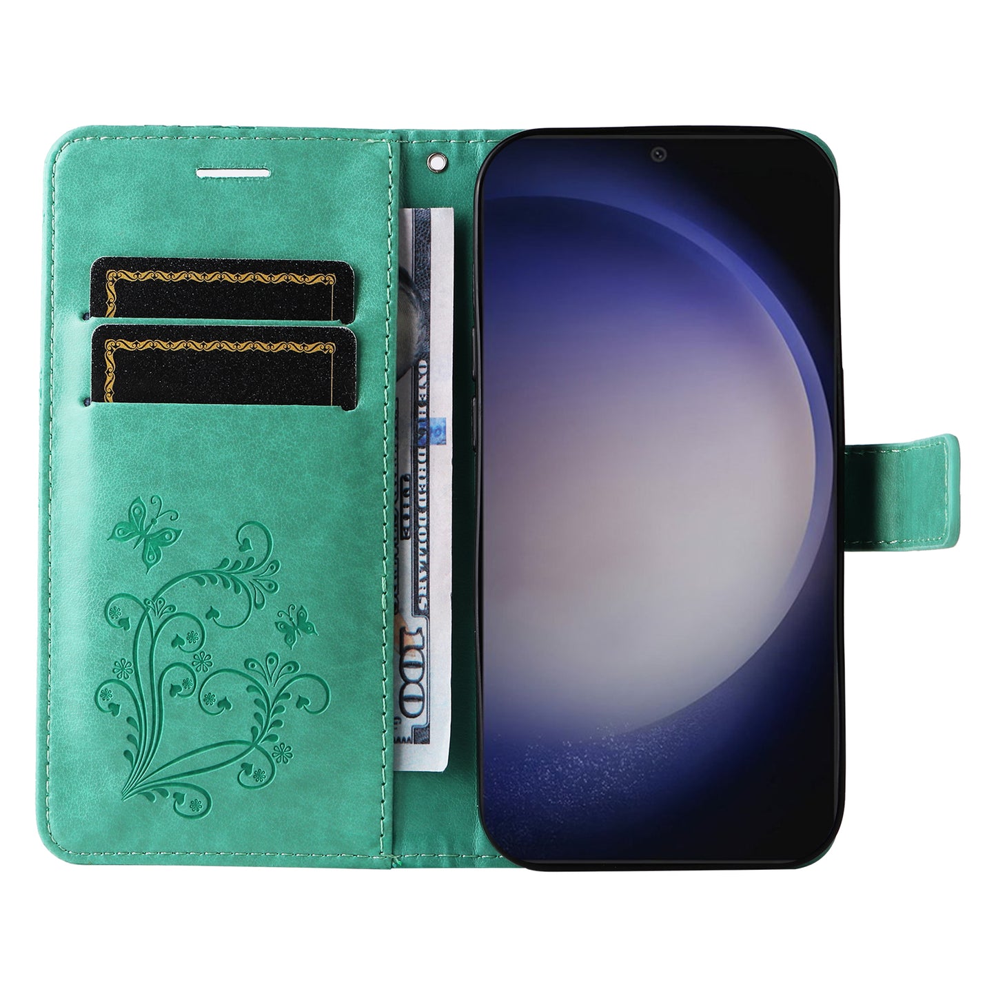 KT Imprinting Flower Series-2 For Samsung Galaxy S24 Case Leather Butterfly Flip Phone Cover - Green