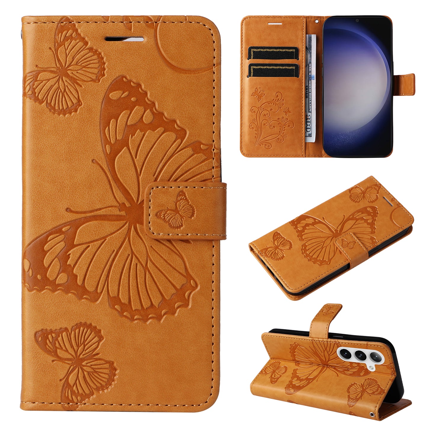 KT Imprinting Flower Series-2 For Samsung Galaxy S24 Case Leather Butterfly Flip Phone Cover - Yellow