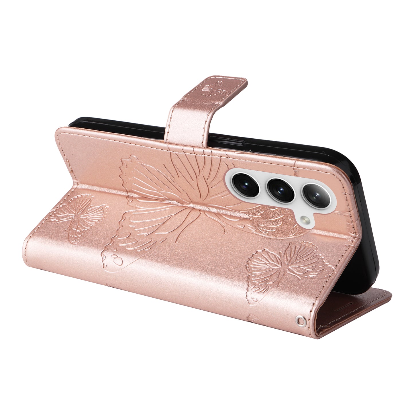 KT Imprinting Flower Series-2 For Samsung Galaxy S24 Case Leather Butterfly Flip Phone Cover - Rose Gold