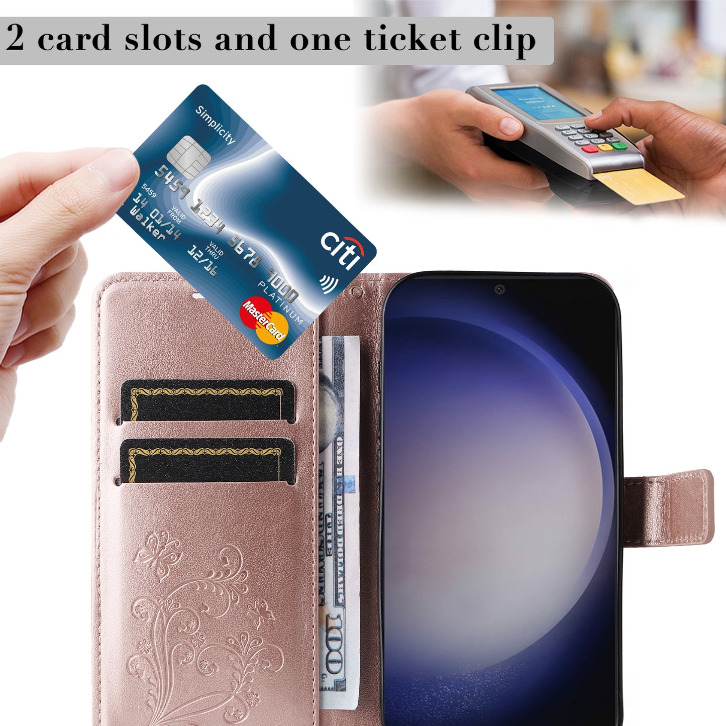KT Imprinting Flower Series-2 For Samsung Galaxy S24 Case Leather Butterfly Flip Phone Cover - Rose Gold