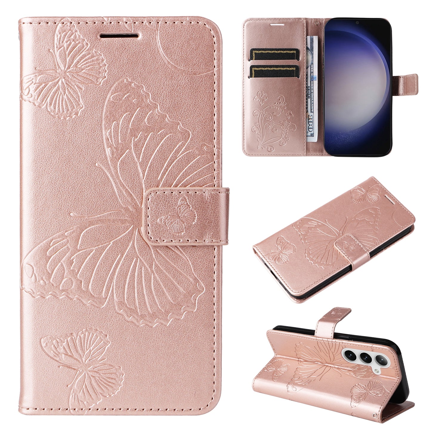KT Imprinting Flower Series-2 For Samsung Galaxy S24 Case Leather Butterfly Flip Phone Cover - Rose Gold