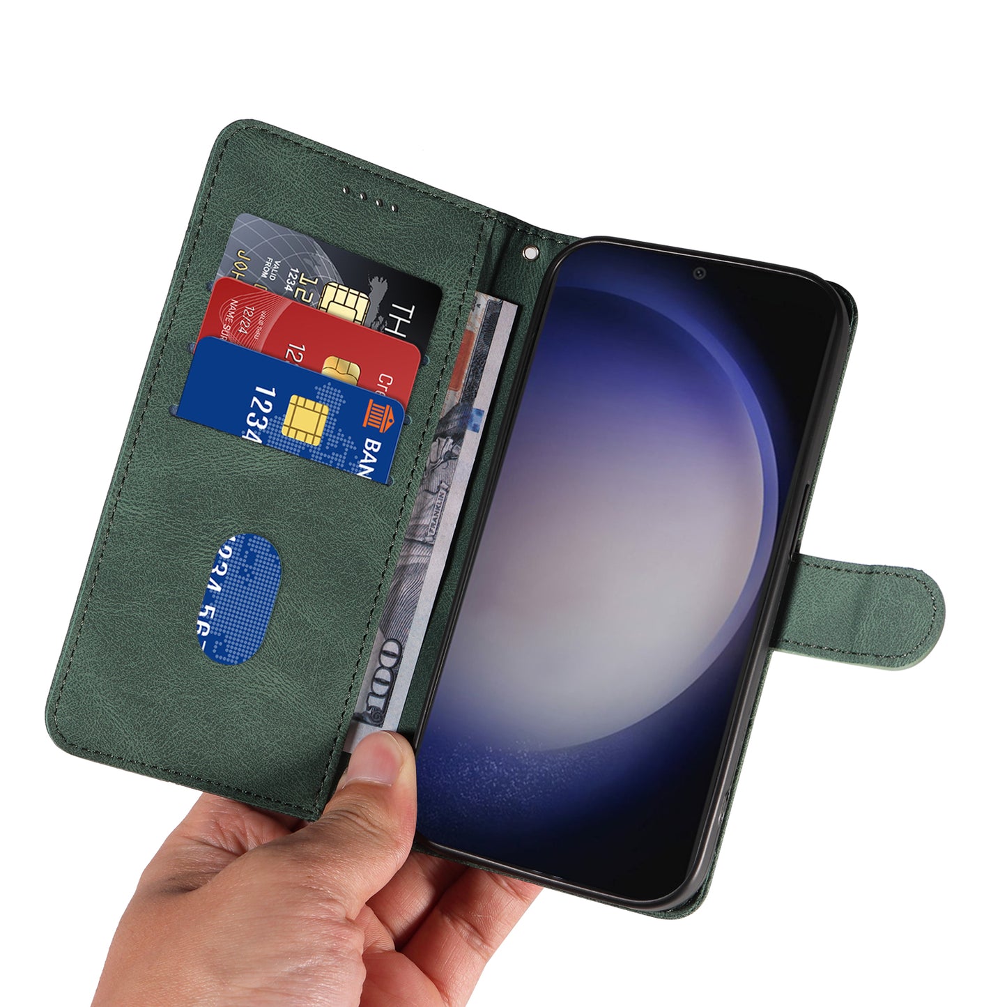 For Samsung Galaxy S24 Case PU Leather Imprinted Line Folio Phone Cover - Green