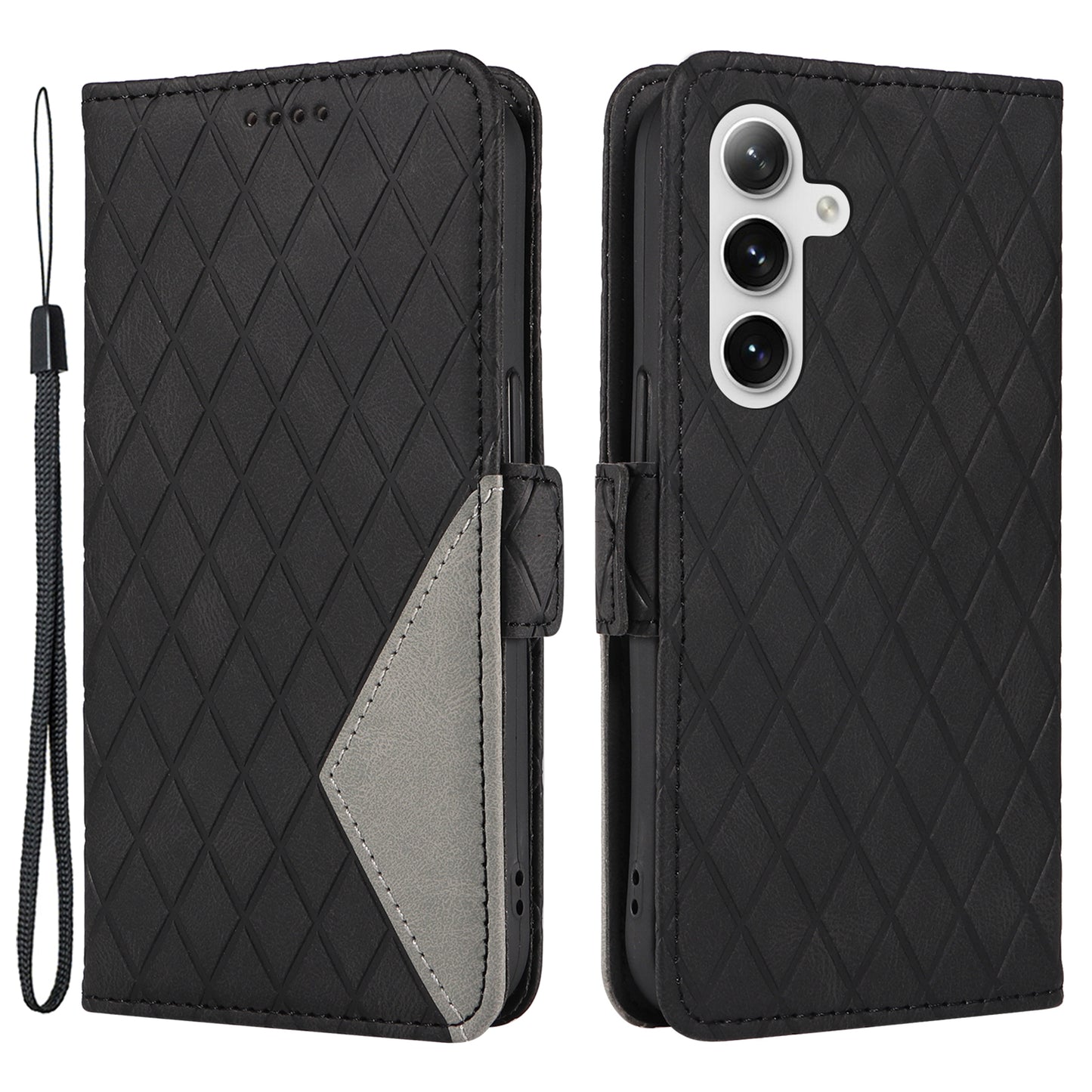 For Samsung Galaxy S24 Case Rhombus Imprinted Leather Protective Flip Phone Cover - Black