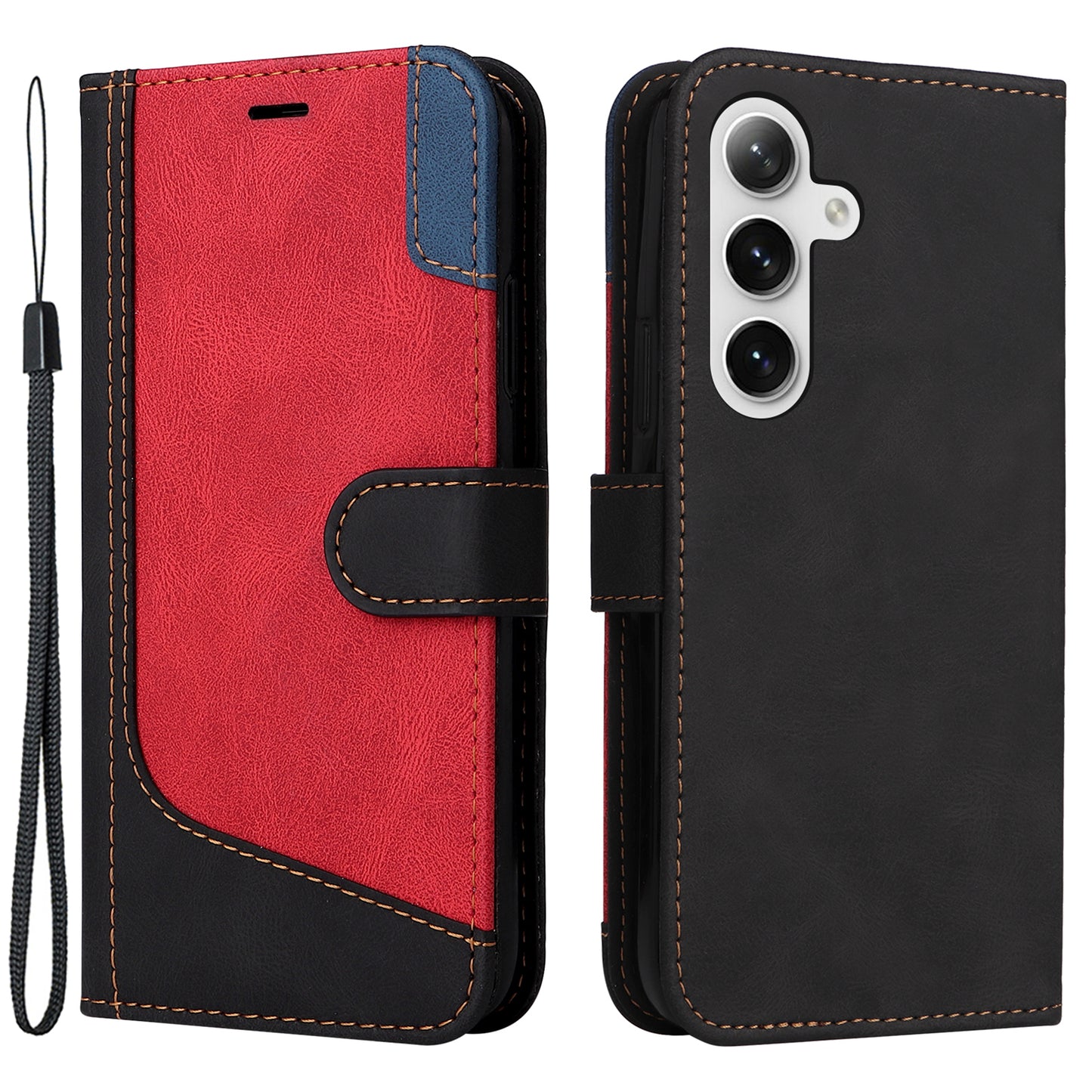 For Samsung Galaxy S24 Case Three-color Splicing Wallet Stand Folio Cover with Strap - Black