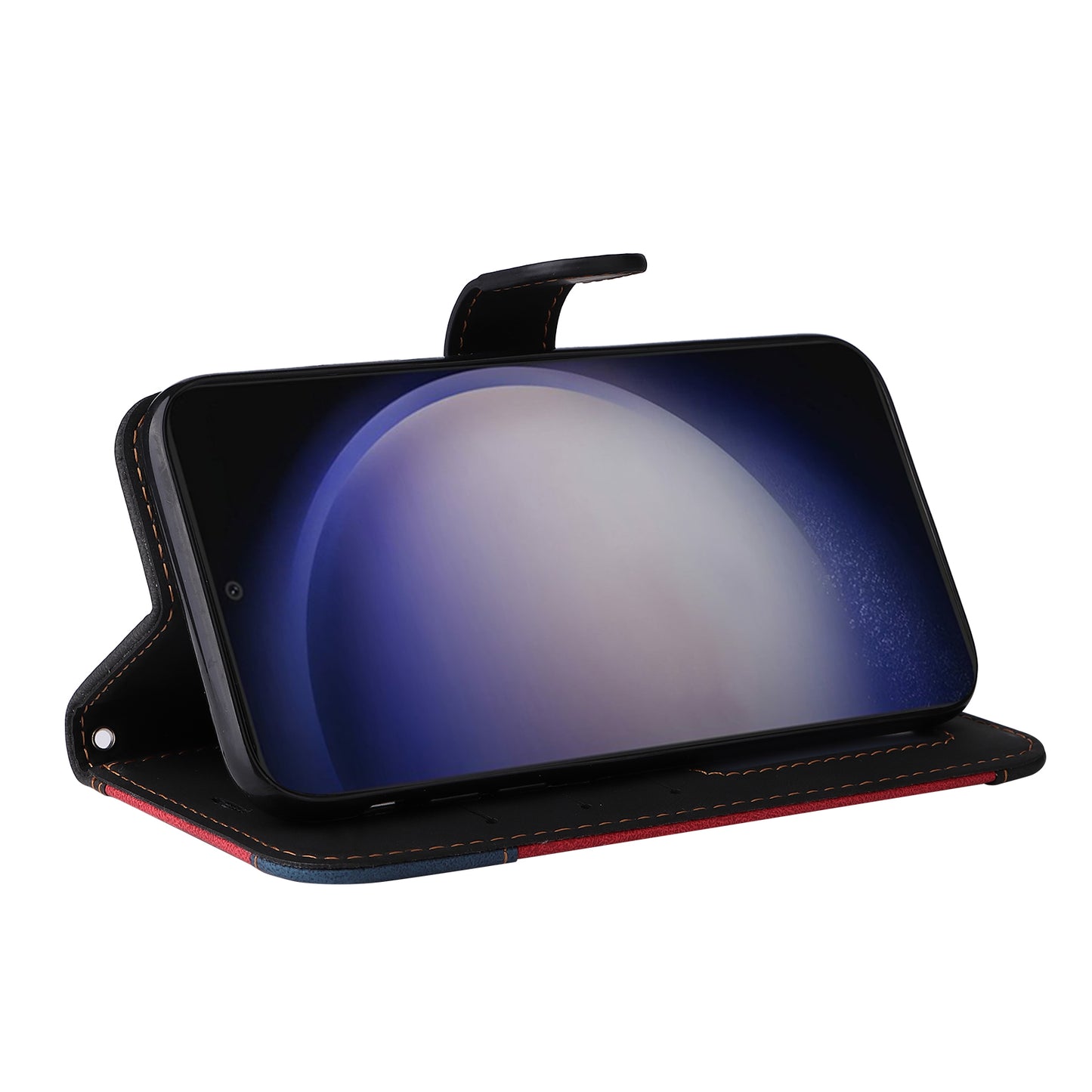 For Samsung Galaxy S24 Case Three-color Splicing Wallet Stand Folio Cover with Strap - Black