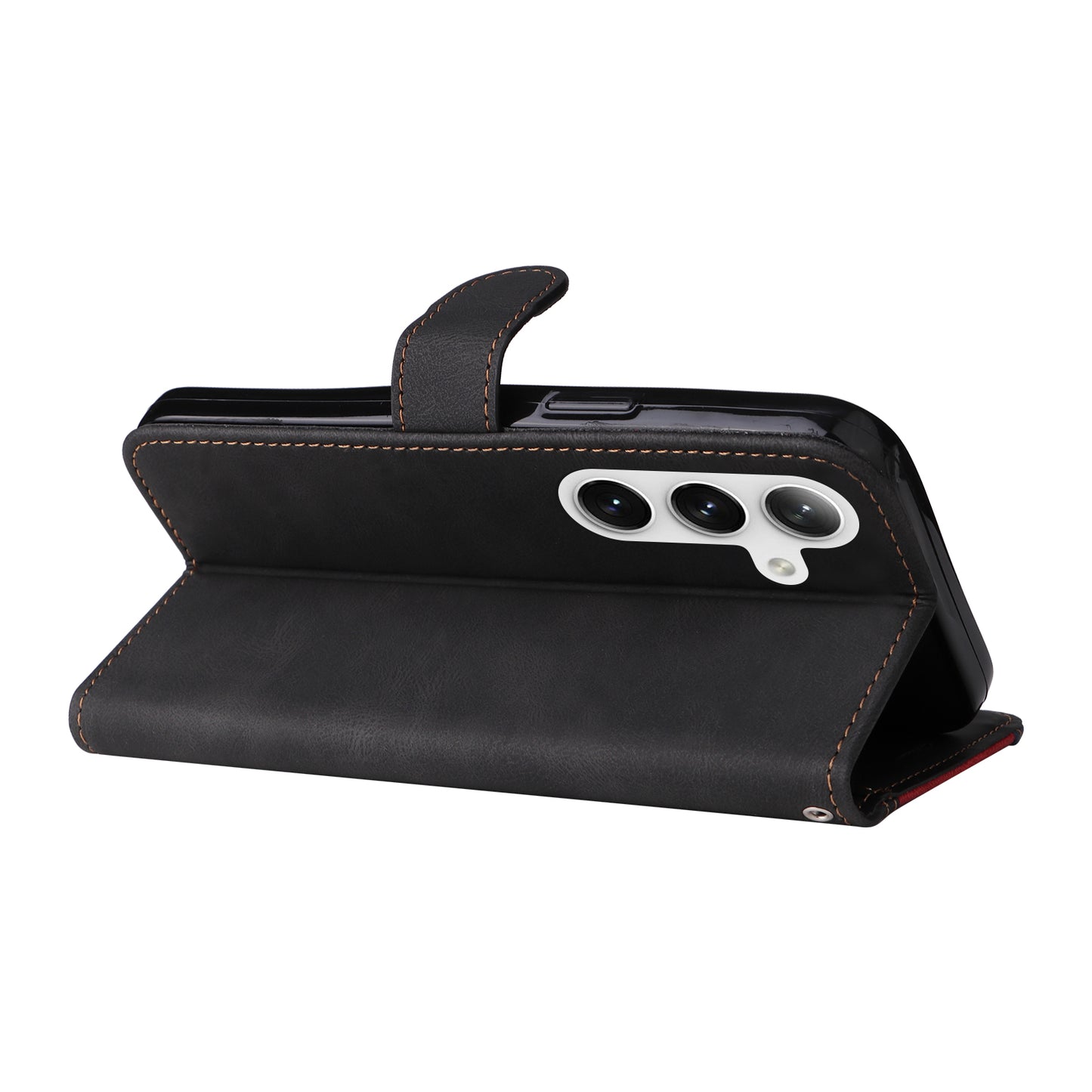 For Samsung Galaxy S24 Case Three-color Splicing Wallet Stand Folio Cover with Strap - Black