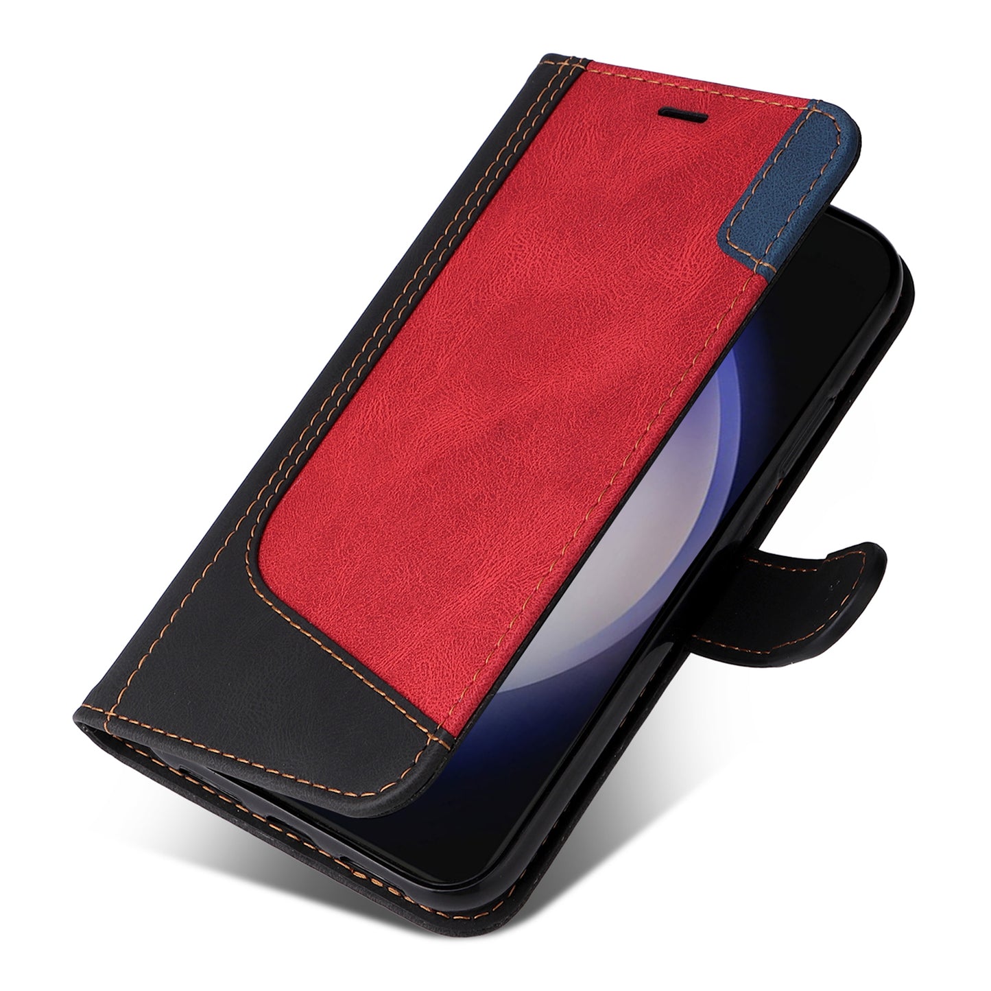 For Samsung Galaxy S24 Case Three-color Splicing Wallet Stand Folio Cover with Strap - Black