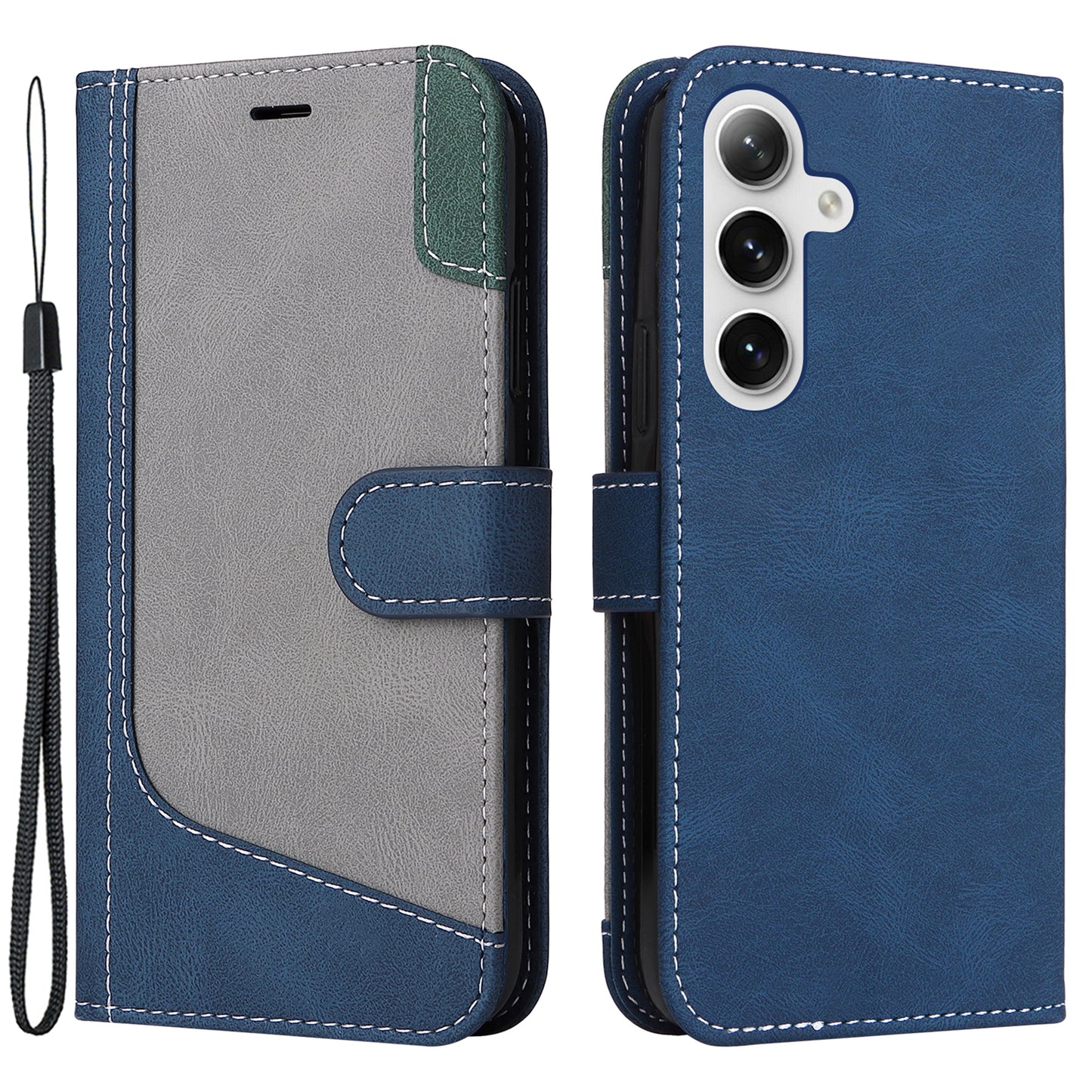 For Samsung Galaxy S24 Case Three-color Splicing Wallet Stand Folio Cover with Strap - Blue