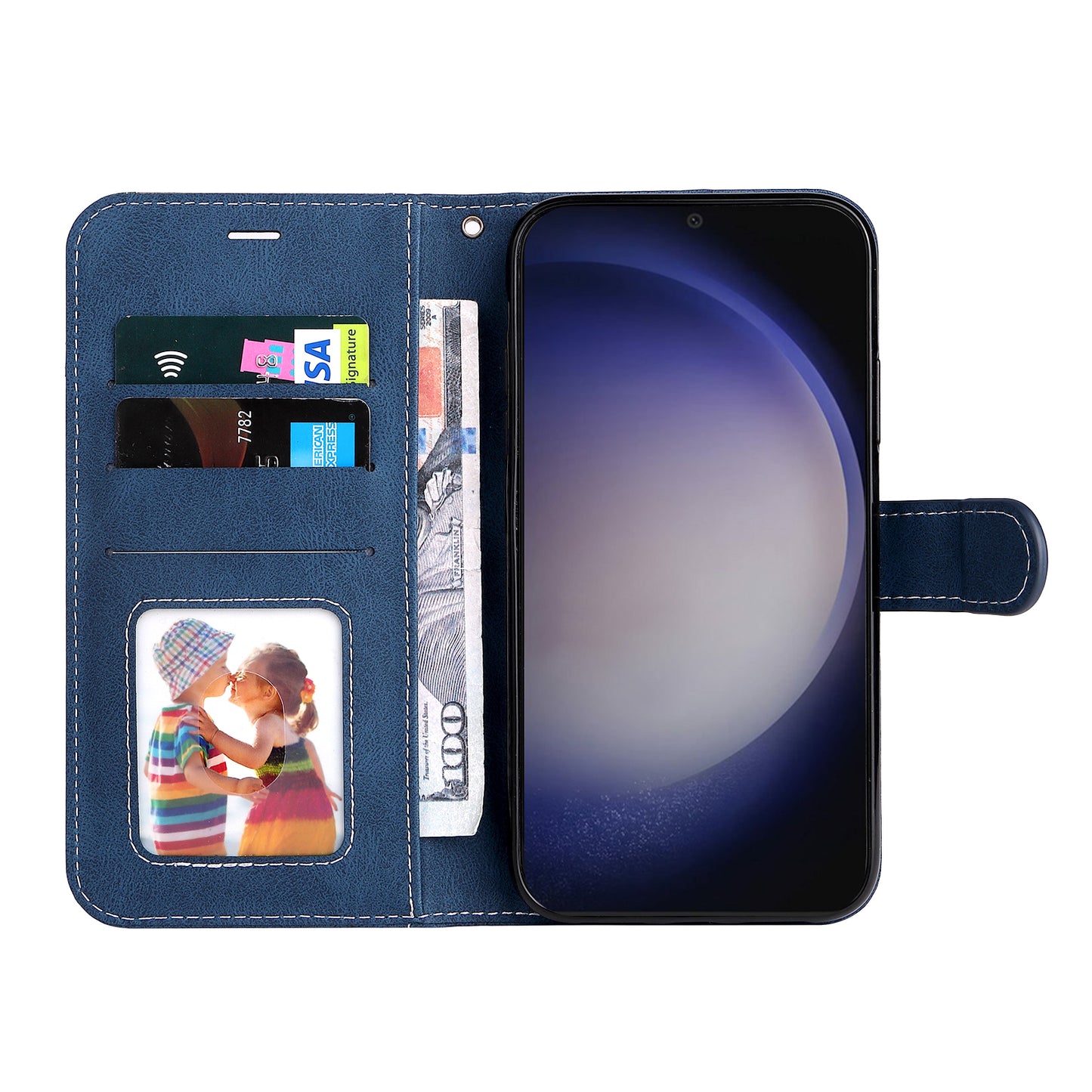 For Samsung Galaxy S24 Case Three-color Splicing Wallet Stand Folio Cover with Strap - Blue