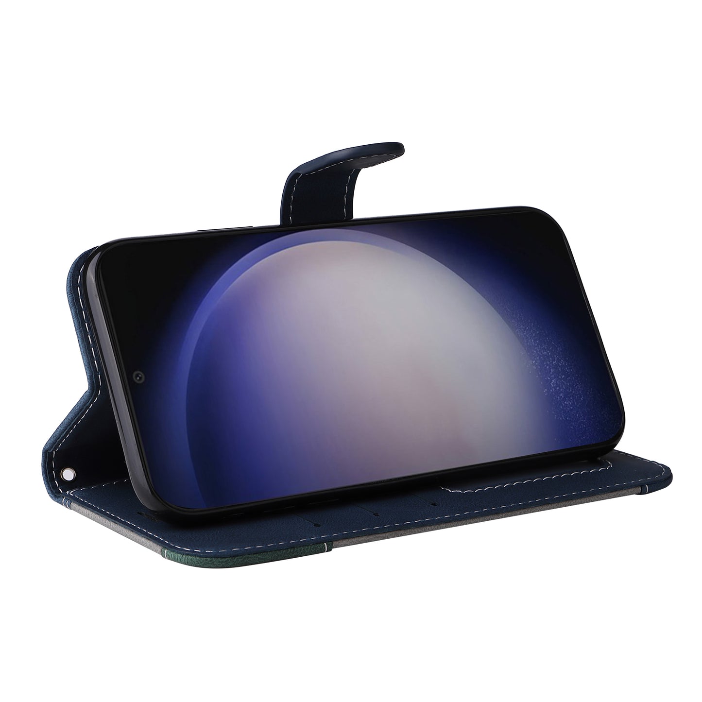 For Samsung Galaxy S24 Case Three-color Splicing Wallet Stand Folio Cover with Strap - Blue