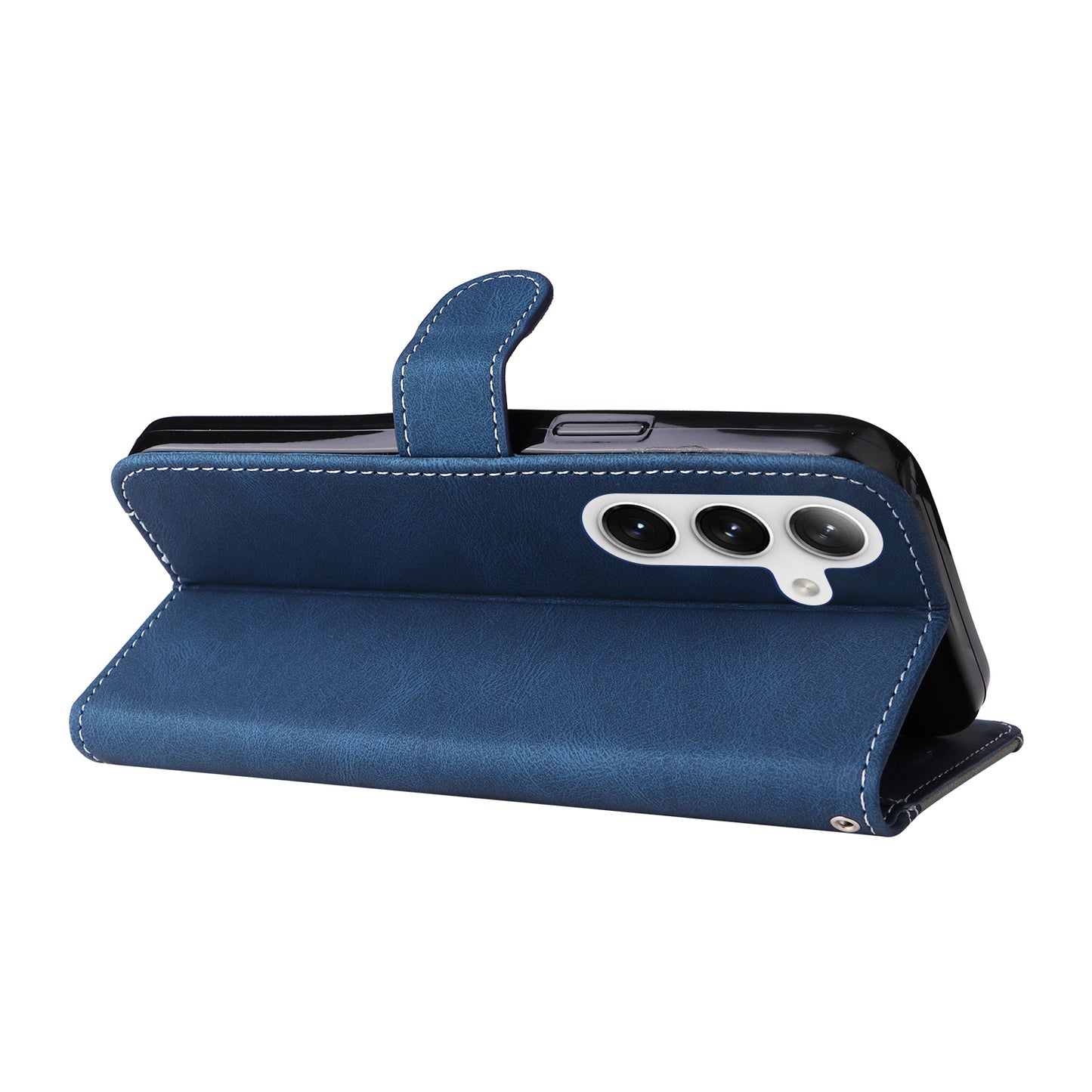 For Samsung Galaxy S24 Case Three-color Splicing Wallet Stand Folio Cover with Strap - Blue