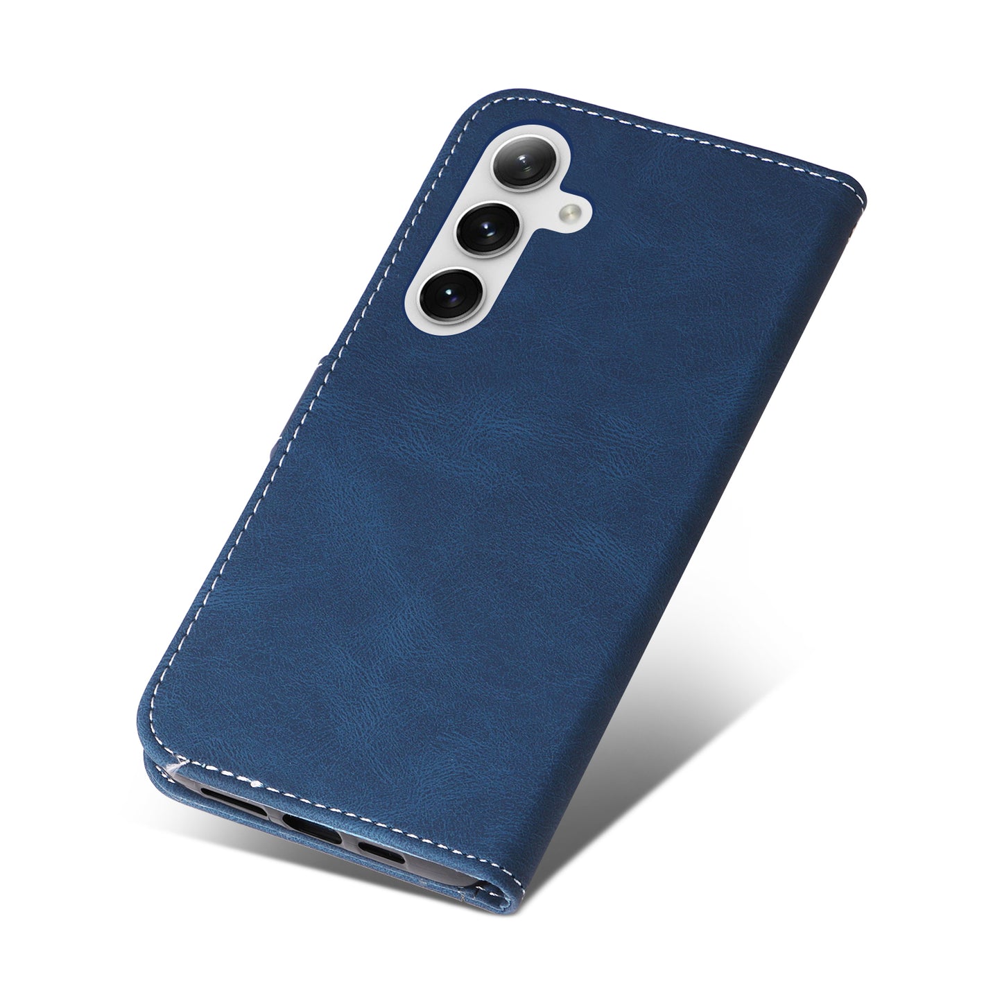 For Samsung Galaxy S24 Case Three-color Splicing Wallet Stand Folio Cover with Strap - Blue