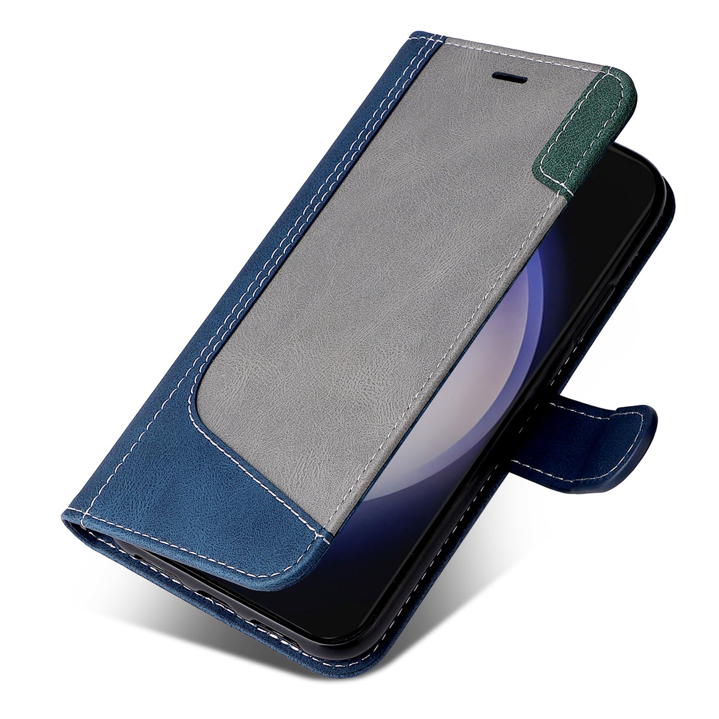 For Samsung Galaxy S24 Case Three-color Splicing Wallet Stand Folio Cover with Strap - Blue
