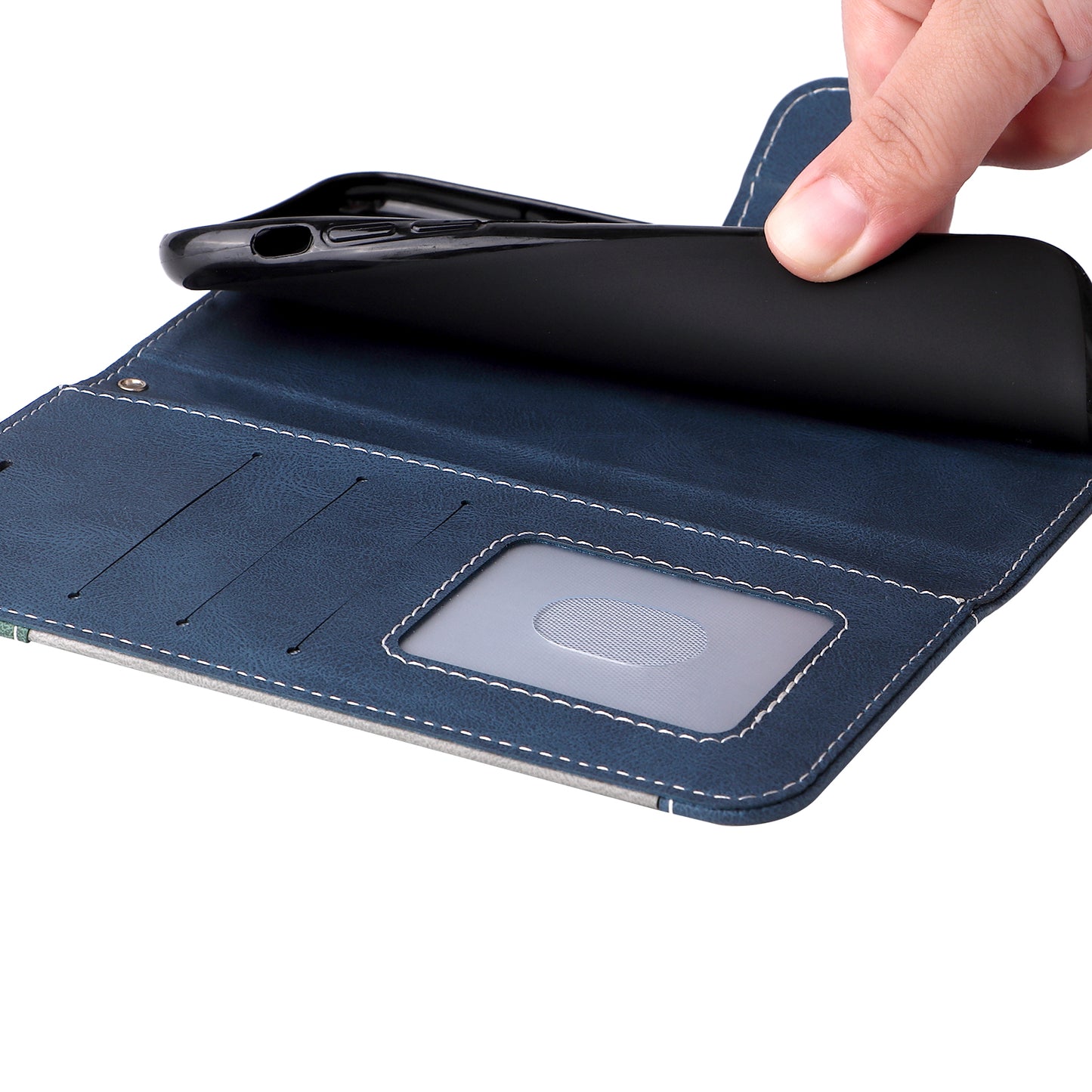 For Samsung Galaxy S24 Case Three-color Splicing Wallet Stand Folio Cover with Strap - Blue