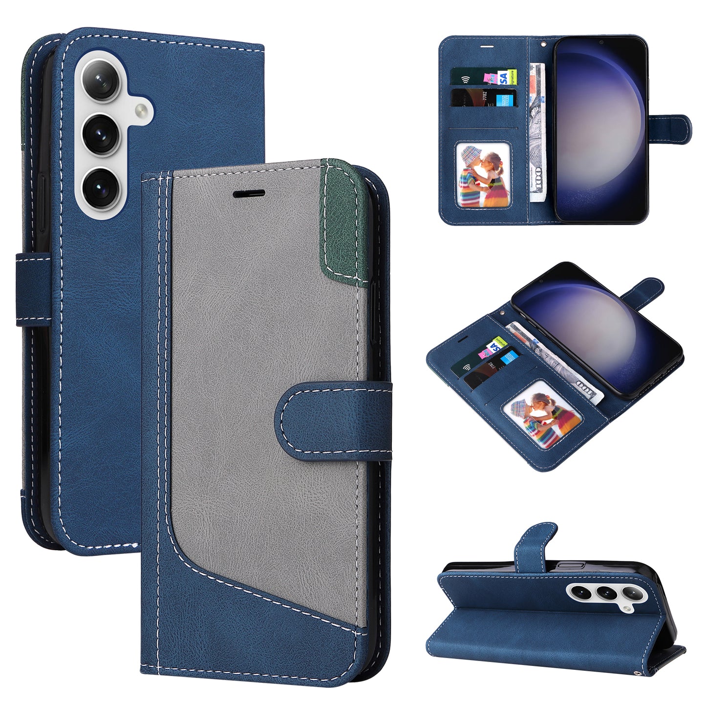For Samsung Galaxy S24 Case Three-color Splicing Wallet Stand Folio Cover with Strap - Blue