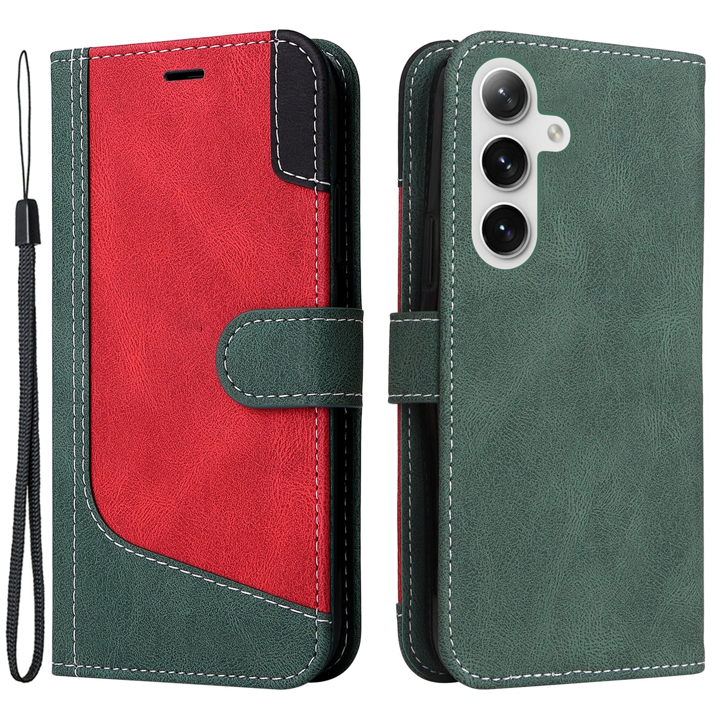 For Samsung Galaxy S24 Case Three-color Splicing Wallet Stand Folio Cover with Strap - Green