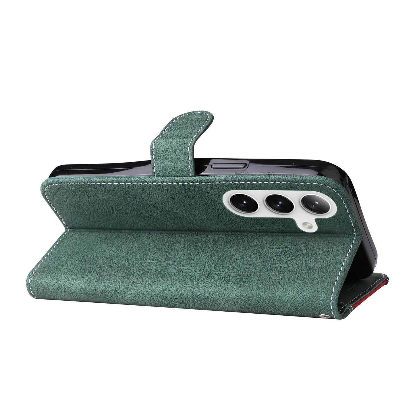 For Samsung Galaxy S24 Case Three-color Splicing Wallet Stand Folio Cover with Strap - Green