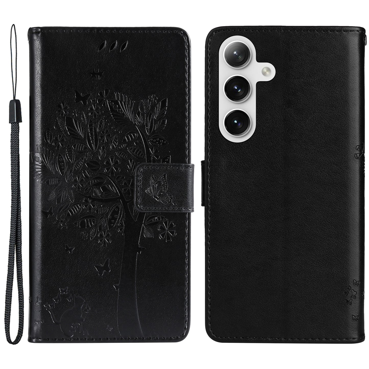 KT Imprinting Flower Series-3 for Samsung Galaxy S24 Case Leather Cat Tree Phone Cover - Black