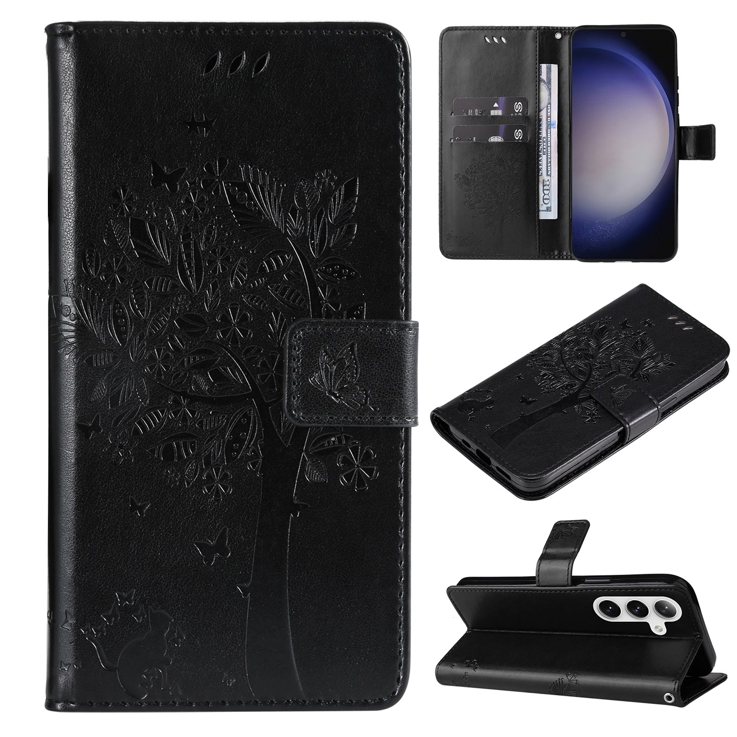 KT Imprinting Flower Series-3 for Samsung Galaxy S24 Case Leather Cat Tree Phone Cover - Black