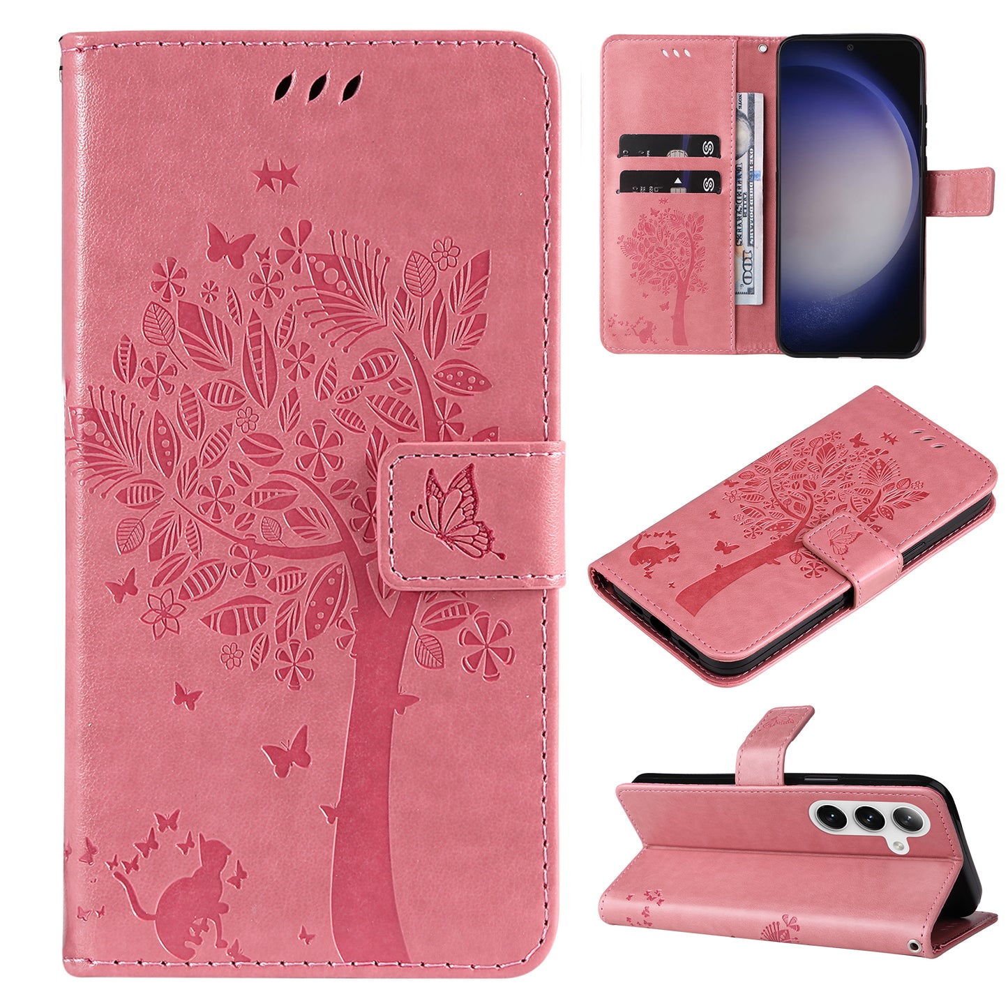 KT Imprinting Flower Series-3 for Samsung Galaxy S24 Case Leather Cat Tree Phone Cover - Pink