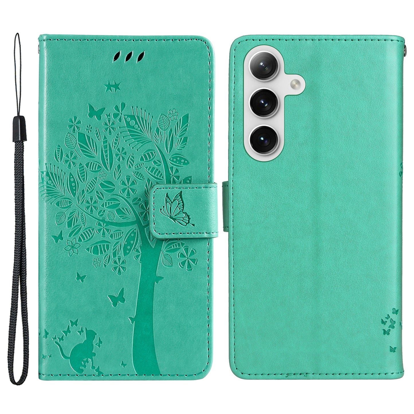 KT Imprinting Flower Series-3 for Samsung Galaxy S24 Case Leather Cat Tree Phone Cover - Green